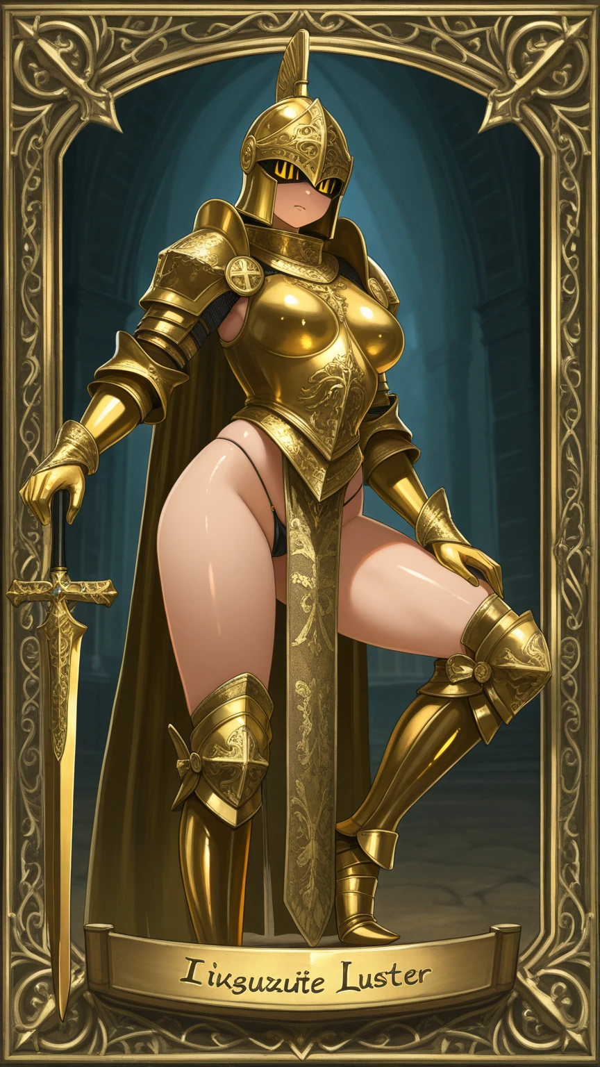 (masterpiece, best quality, high resolution, ((full body standing)), ((huge breasts)) 1 beautiful woman, golden scale fantasy knight armor, golden scale fantasy knight helmet, holding a golden sword and a large golden shield .

