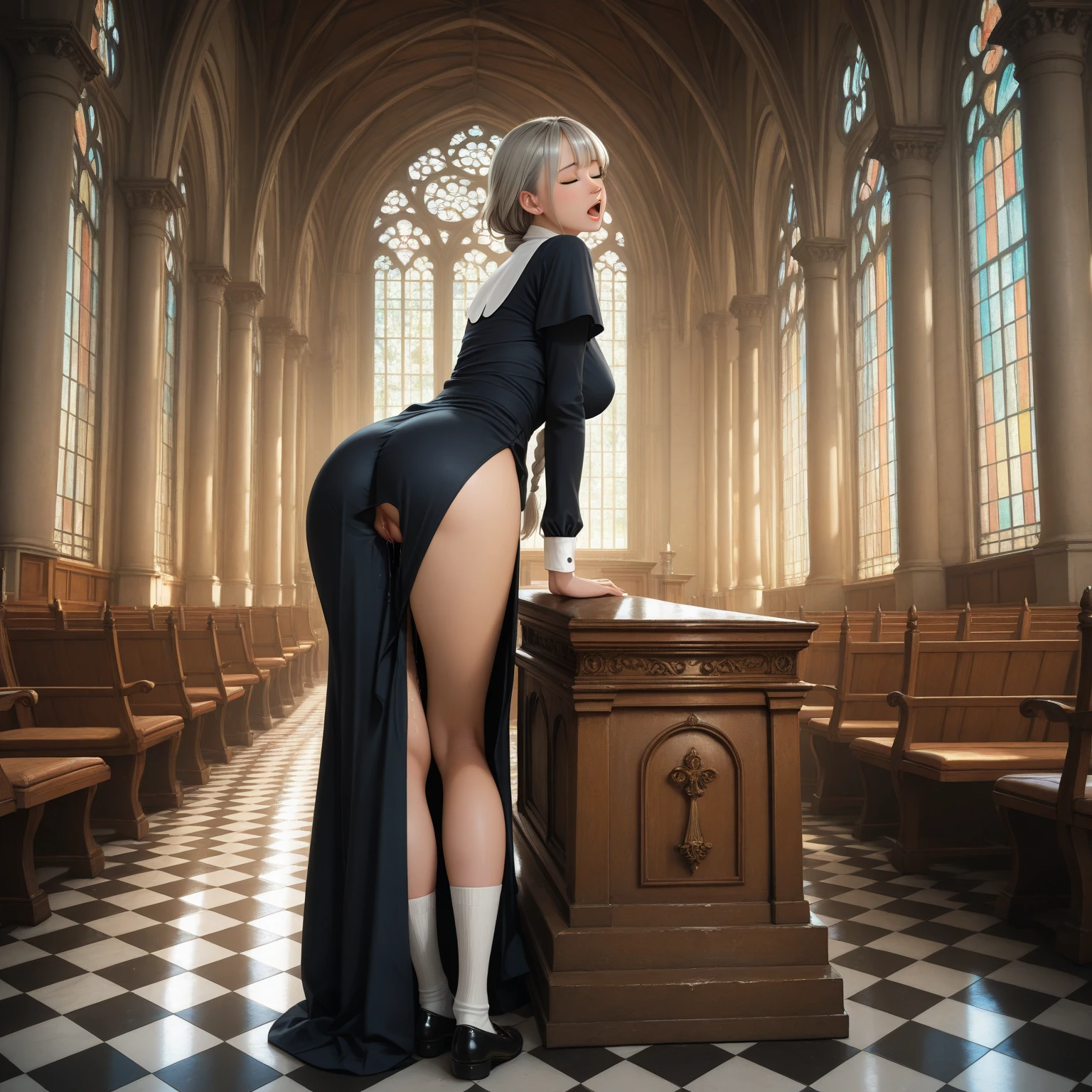 horny Herley Quinn, hard nipples, long legs, exposing her hairy naked leaking pussy, com, leaking pussy, posing at the church, people, people, spectators