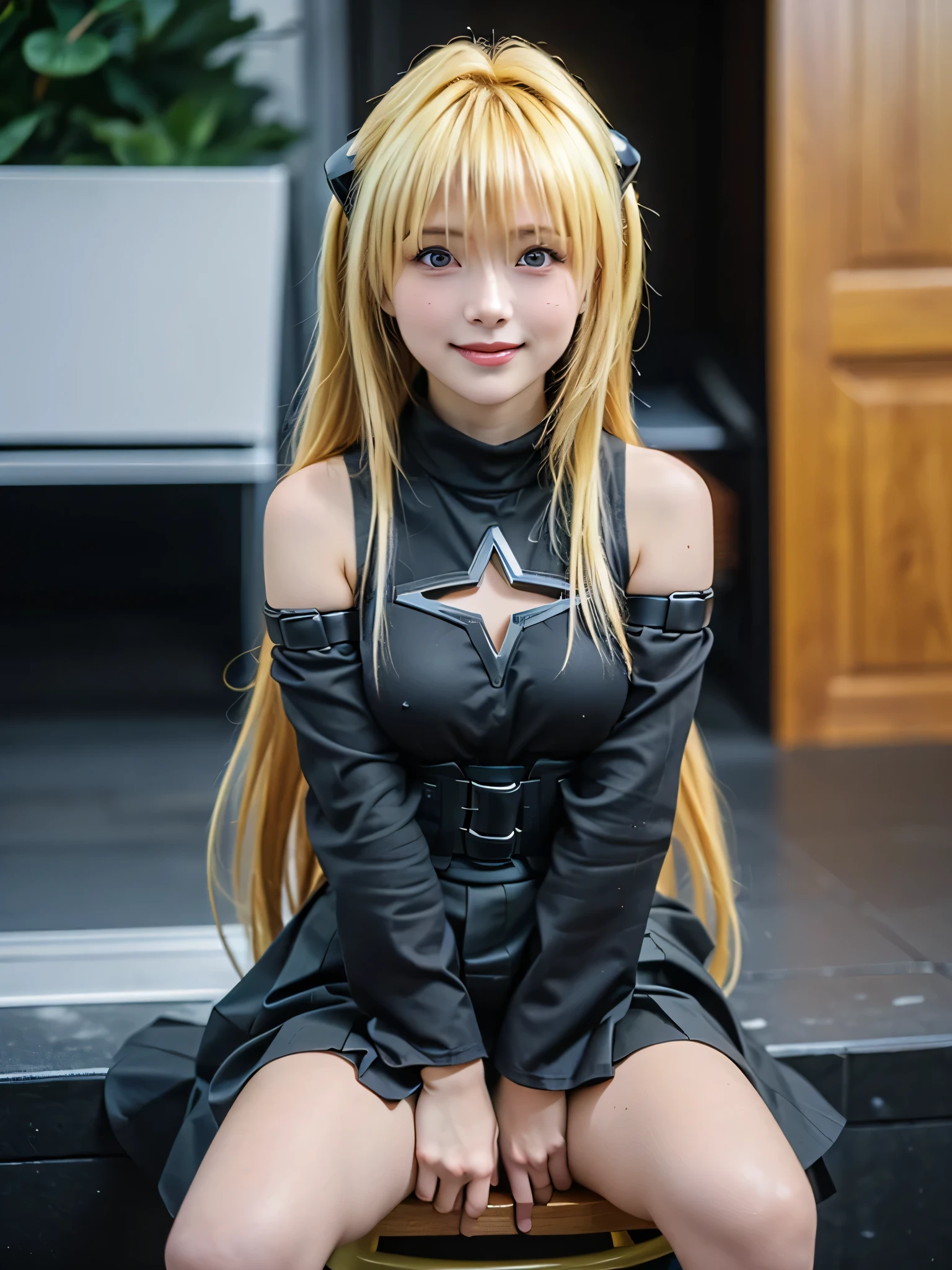 Highest quality, masterpiece, High resolution, 1 Girl, (Murasame Change two things Kantai Collection:1.15), Long Hair, blonde, Red eyes, ribbon, smile, Black Sailor Suit, Pleated skirt, Classroom Background, Slender body, Full body portrait, Skirt flip, (panties), (good), Squat, (Flashy underwear),
