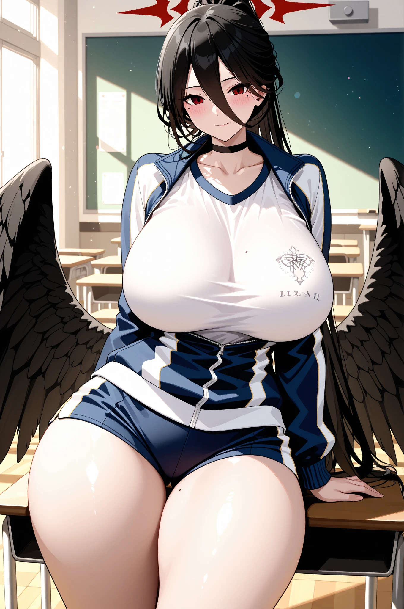 (NSFW: 1.4),(Sparkling Eyes),((arms behind back)),(Masterpiece, Precision, Premium Quality: 3.2), Alone, 1 Girl, Black Hair, (((Track Jacket)), Red Eyeshadow Red Eyeliner: 1.2, Guilt, Black Wings, Look at Camera,Huge Breasts,See-through, Torn Clothes, bloted belly