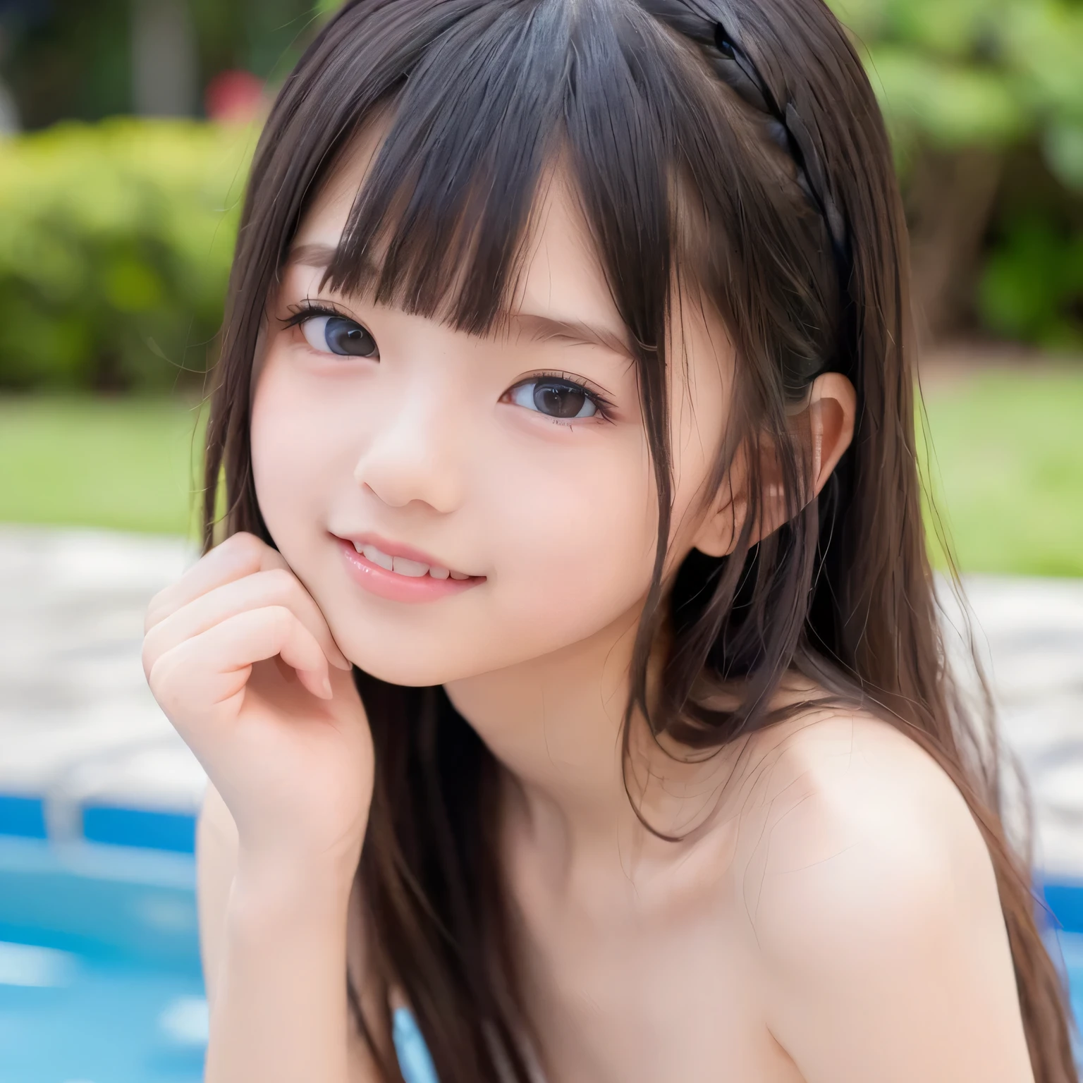 ,(((hands behind back)))、(((top quality、8k)))、(((nipple details))),(((BEAUTIFUL SHINY HAIR))),High definition photos、(((The Ultimate Beautiful Girl)))、、(((full nude))),(((full nudity))),(((all nude))),(((Round jaw))),((( round face outline))),(((cute girl with shiny nipples and areolas ))),(((Please describe the nipples and areolas in detail))),(((princess cut)))、(((young))),(((Straight Bangs))),(((straight back hair))),(((Little girl))) 、(((hotel nighttime pool)))、(((solo))),((( youngフェイス))), younger, (((shorthair out of breath))), (((Big face)))、((( Totally Naked))),((( 美しい Totally Naked ))),、(((A cute long bob up to the shoulder)))、(((round face))), big eyes, round eyes、 (((wearing heavy makeup)))、 false eyelashes、 (((long eyelashes))),(((dark eyeshadow))) ,((( long straight hair frying meat )))、 blurry background、((( standing))),((( Upper Body Pictures)))、(((embarrassing laugh)))、((( Outdoors))),((( face swelling )))、((( skinny)))、((( raised ribs)))、 S、,((( small breasts))),((( flat chest)))、 raised ribs、 slender body、(((5 years old ))),((( Elementary School )))、((( Upper Body Pictures))),((( amazingly cute))),((( 超越的に可愛いelementary school student )))、、(((Attractive Naked)))、((( Totally Naked)))、(((Straight Posture ))),(((embarrassing))),(((smiles shyly)))、(((elementary school student))),(((beautiful nipples and areolas))),(((Jet Black Eyes))),(((hands behind back)))、(((5 age)))、(((side)))