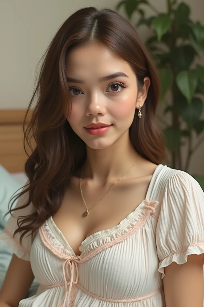 (masterpiece: 1.3), (max resolution: 1.2), (Ultra HDTV: 1.2), cinema light, Ultra HDTV, full body waist up pose , upper knees pose , (Detailed eyes and skin), (detailed facial features), nfsw, 8K resolution, Sharp Focus: 1.2, Perfect Style, Beautiful face, Highly detailed face and skin texture, Detailed eyes, Brown eyes, Double eyelids, Thin eyebrows, Glitter Eyeliner: 1.2, Natural cheeks, Glossy skin, Fair skin: 1.2, shiny necklace and earrings, (Glossy lips: 1.4), BREAK, absurderes,(Wearing a half-opened transparant Chemise:1.3), (Seductive Smile: 1.2), (20 years old, Neat and Clean Girl), (High Ponytail, Wavy Hair, Brown Hair, Diagonally Flowing Bangs), Medium Long Hair, ((Upper body Shot: 1.2)), (Focus on Chest and Face), Medium Large Breasts, indoor suite room