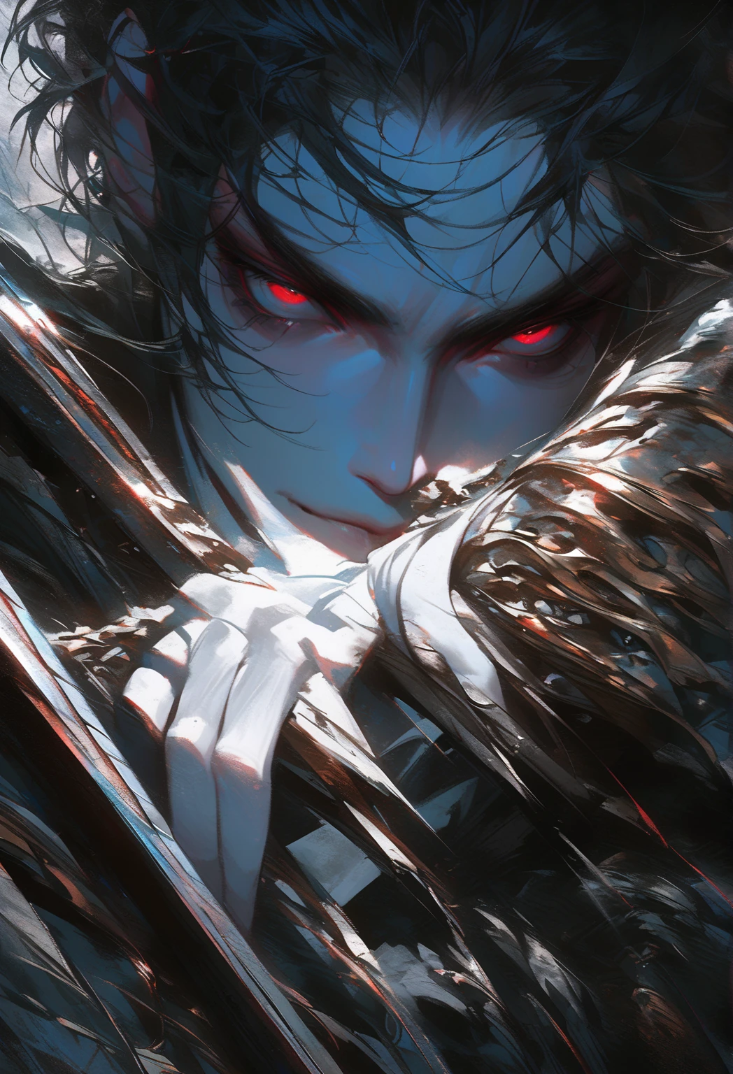 Masterpiece, Best Quality), 1 male, Adult, a handsome, hairlong, red eyes, black catsuit, Thorn, forehead, upper-body, Vampire, mansion, Dark, moon light, dutch angle, Mysterious atmosphere, Fantasy, The Superpower Effect, Blood effect