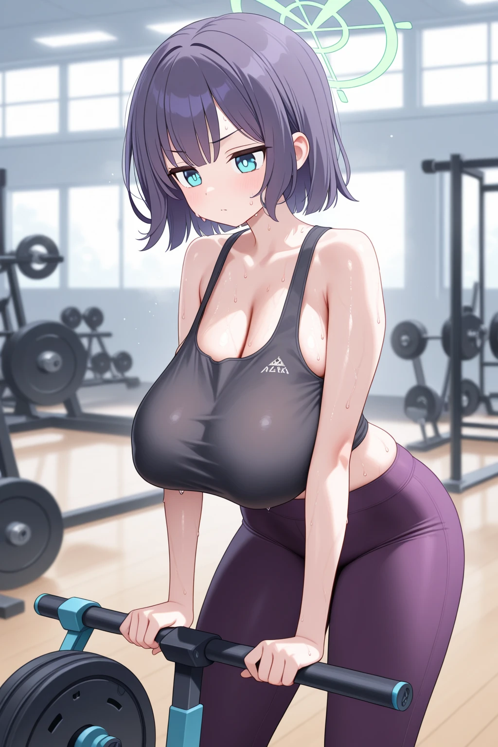 gym, workout, hot, sweating, sweaty, tan, big boobs, tan skin, flustered, blush, purple clothes, see thru, yoga pants, black hair, sitting on exercise ball, gym ball, exercise ball, cleavage, naked boob