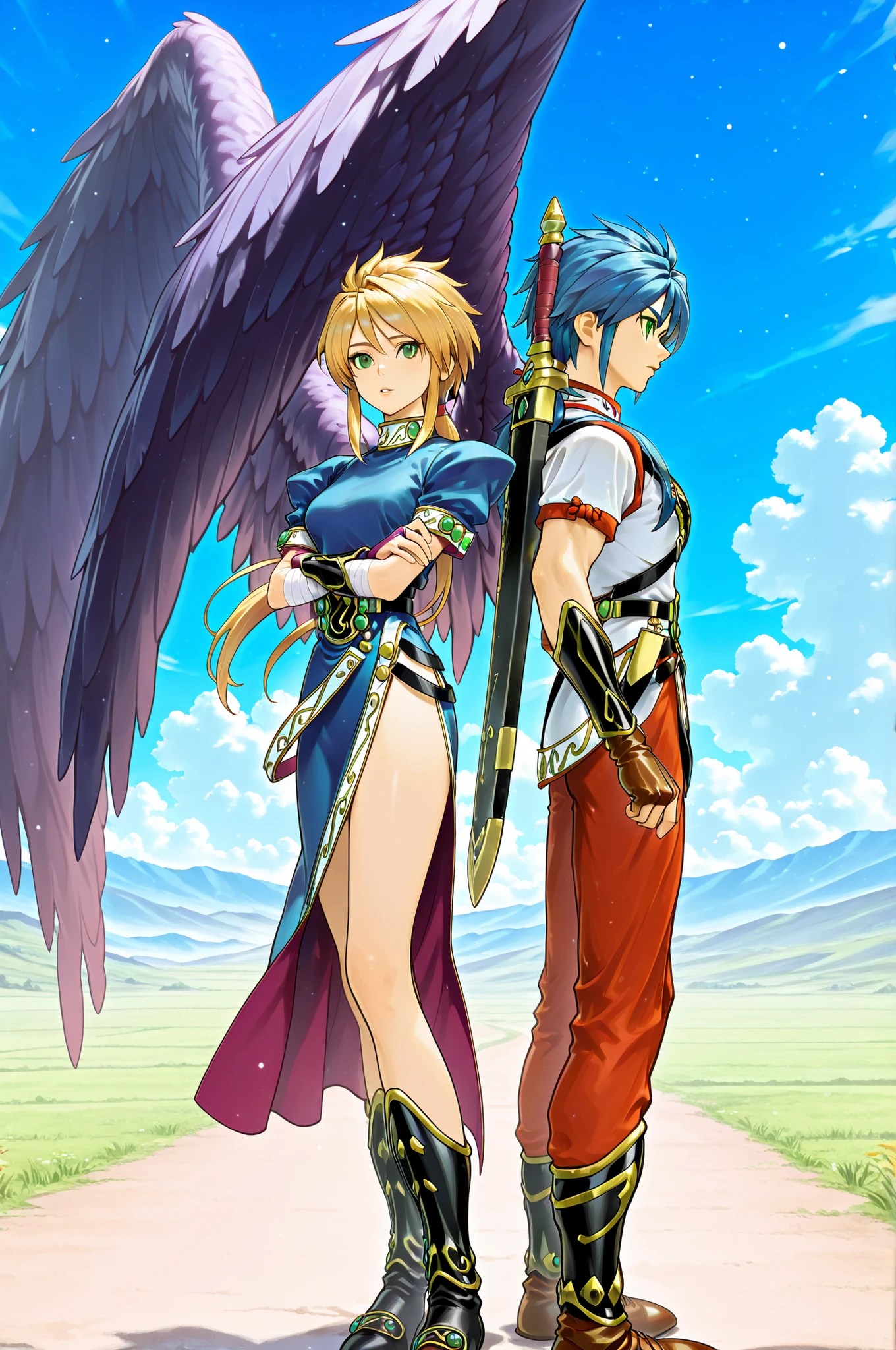 score_9, score_8_Superior, score_7_Superior, Source_anime, animeスクリーンキャプチャ,anime着色, illustration,masterpiece,最High Quality,very aesthetic,High Quality,(masterpiece, detail:1.2), super high resolution, 8K quality, 3D rendering style, Realistic Representation,Blue Sky, Prairie, Fantastic Backgrounds, 1boy, 1girl, back-to-back, from side, looking at me, BREAK 1boy, Ryu bateson, bof2, boy, green eyes, (blue hair, long hair, long ponytail), white sleavless shirt, red pants, bandaged arms, leather gloves, leather boots, sword on back, black scabbard, BREAK 1girl, aanina, (long hair, blonde hair), green eyes, feathered wings, blue dress, puffy sleeves, arm guards, bridal gauntlets, black belt, side slit,