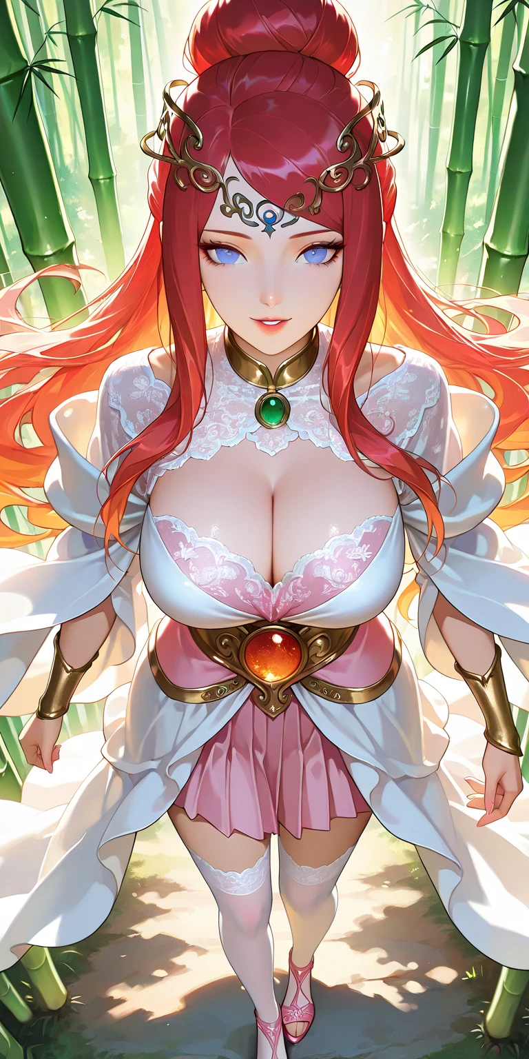 (masterpiece, best quality:1.2), 1 Girl, Solitary,(best quality, 8K, high resolution, masterpiece:1.2), Digital Artwork, A girl, Delicate face, Exquisite eyes, Pink Hair, Long straight hair, Glowing purple eyes, Red lips, Suspenders, Fantasy Landscape, Vibrant colors, Soft lighting, Whimsical atmosphere, Blooming flowers, floating long dress, Fine details, Ethereal Background, Dreamy,Huge breasts(100.0),Huge breasts(100.0),Huge breasts(100.0)