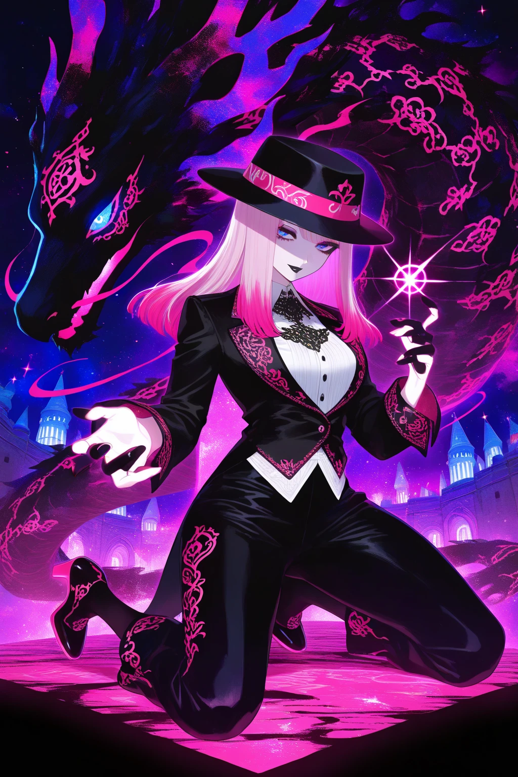 Angel Dust Hazbin Hotel, , wide hips, wearing suit, wearing black shorts, cleavage, highly detailed, hi res, high resolution, cleavage, , looking at viewer, curvy huge breast, curvy, full body, pants, cloak, curvy, maid, butler, vest, boots,thicc