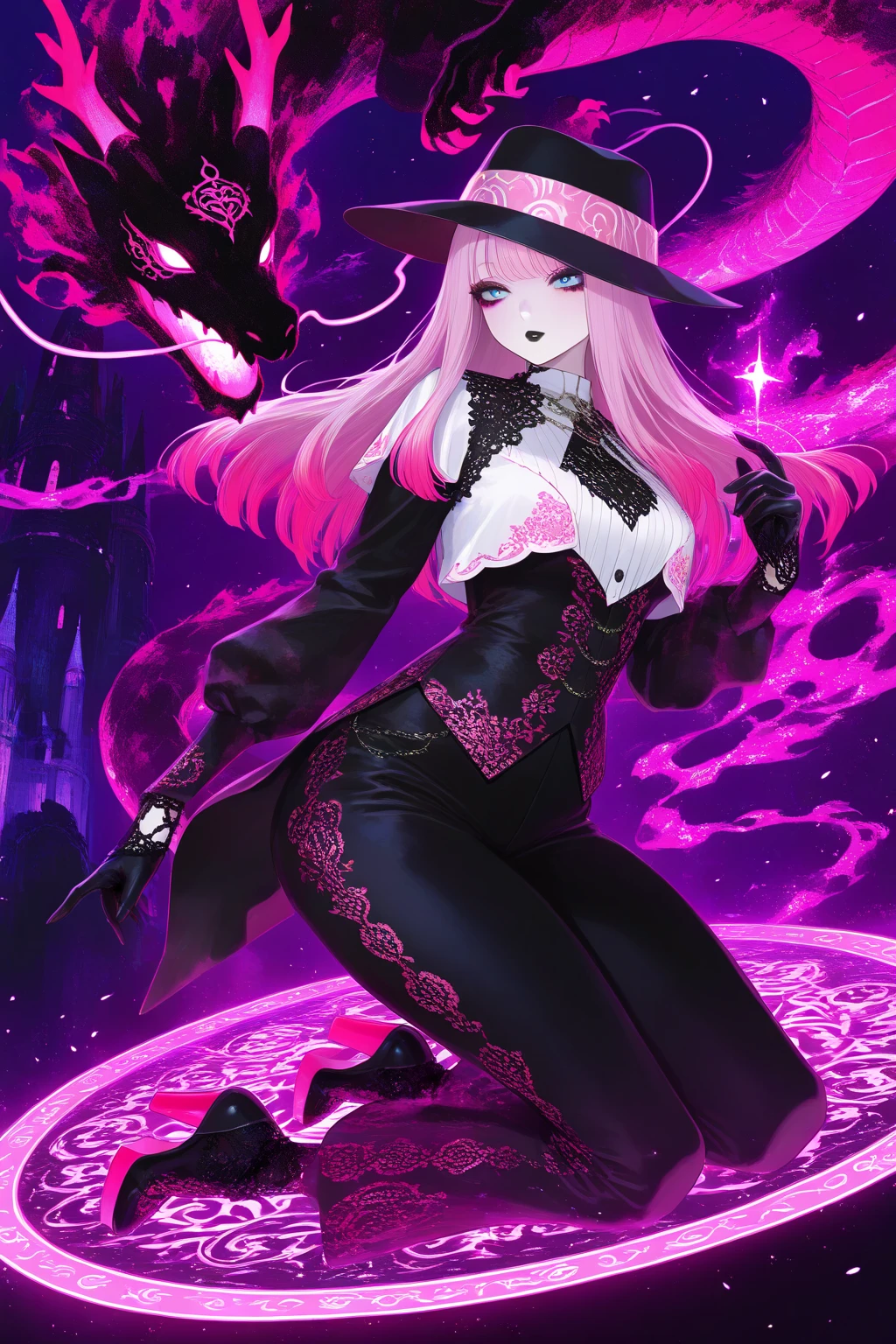 Gothic style black hair,pink hair, multicolored hair, bangs, eyeliner, eyeshadow, makeup, black lips, <lora:Style_hud-PastelGothArt:0.6>hud_pstl_gth_styl (high quality, best quality, high detail, highres, 8k resolution) Midnight blue gothic period gown with silver embroidery, bell sleeves, tiered skirt, art by Yoshitaka Amano (full body) . Dark, mysterious, haunting, dramatic, ornate, detailed