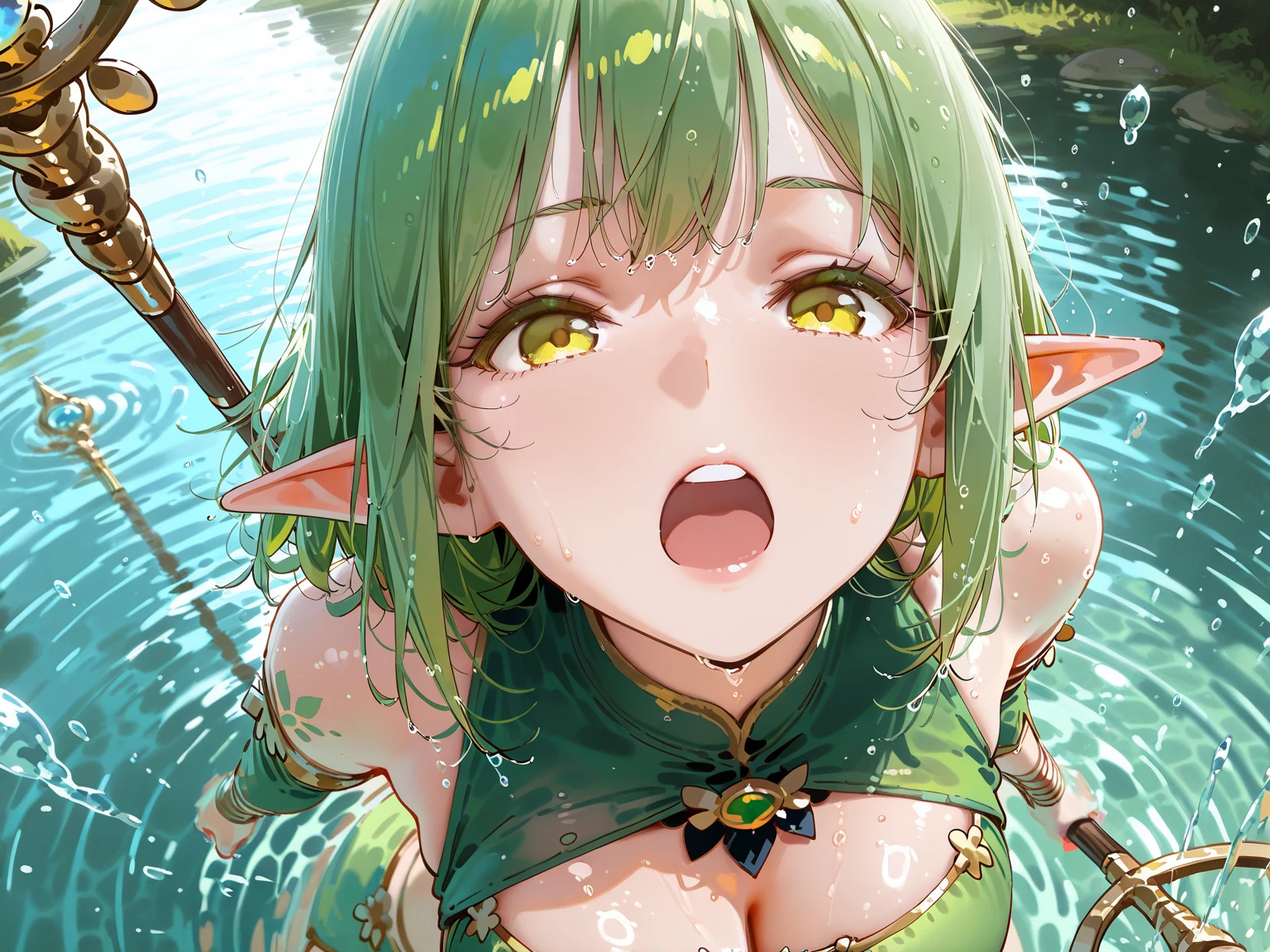 solo ,pointy ears, green hair, green eyes, short hair, short hair with long locks, empty eyes, large breasts, nipple, sea, Abandoned City, frozen, (Sweating profusely, Love juice, Wet Woman, female ejaculation), , crying, Naked, (1girl),, Peeing, lactation, projectile lactation