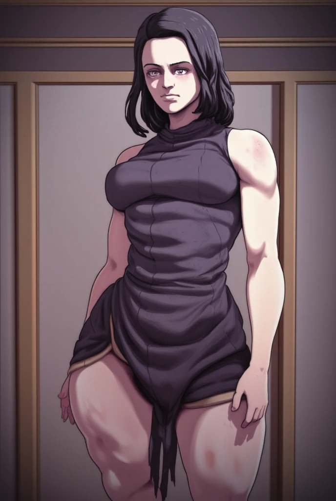 work of art, best qualityer, 1 girl, voluptuous body, Broad Hips, breasts small, thick-thighs, round and smooth legs, skin tight jumpsuit, perfects eyes, face perfect