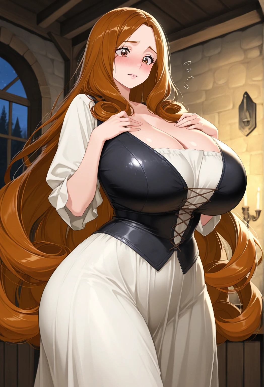 ((I want an alone elf woman milf, with wavy red hair and cold yellow eyes, curvy body, beauty dress, a cold expression))