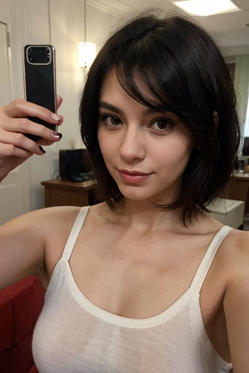 selfie chica colombiana sexi usando ropa, short hair that stops ad chin, brown hair short, Instagram mood
