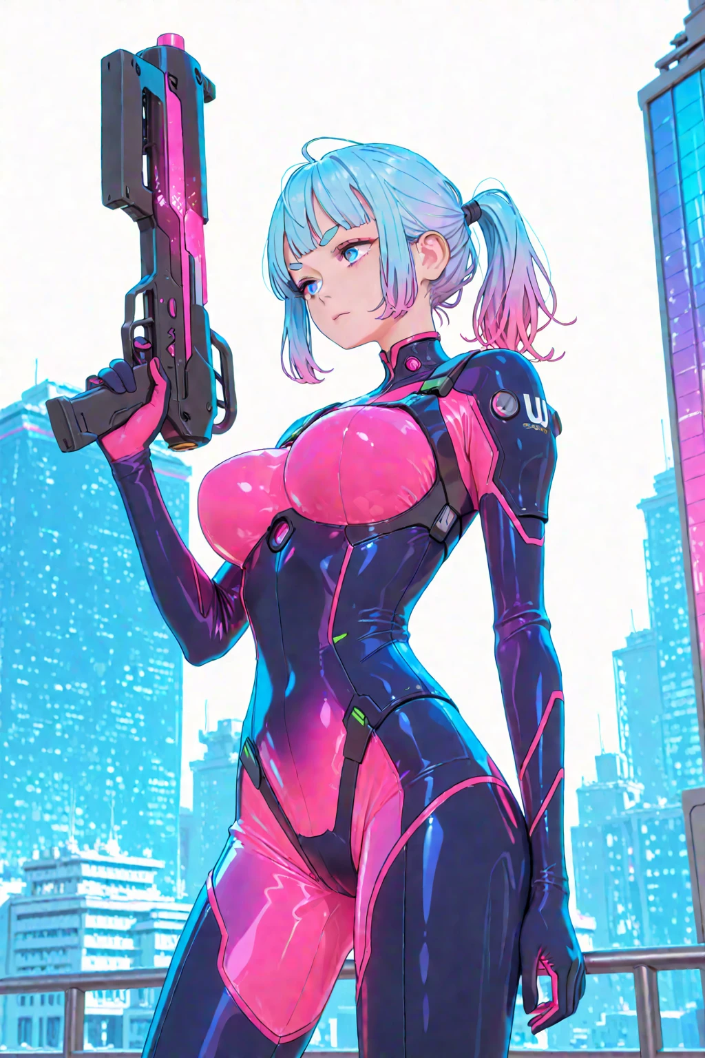Cyberpunk cityscape、Cyborg woman with a laser sword、Battle with enemy robots