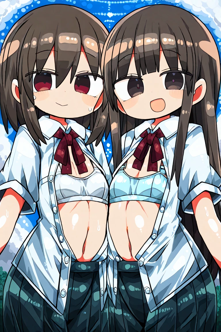 ((2 girls ), ((yuigahama yui is bust and ヒップライン are great)),((Yukinoshita Yukino)),In perverted underwear,sit,,in front of everyone,streaking,crowd,downtown at night,they have their hands behind their backs,The body changes obediently,(Bra with nipple bulge line),Shiny bra,belly button,,(white lace panties:1.0),(pink panties:1.0),Ribbon on panties,(((pussy line:1.0))),NSFW,(thighs),,(((high angle:1.0))),(beautiful eyes),look at the camera,blush,troubled face,Insert your head