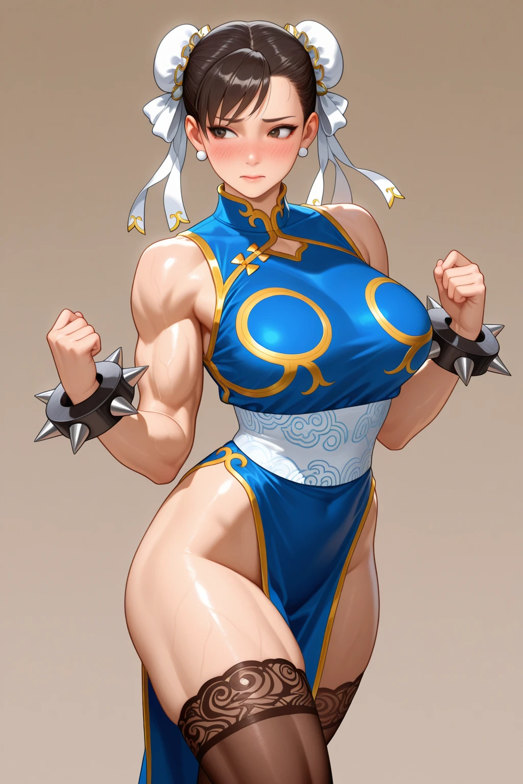 
street fighter chun li, showing armpits and pussy, smiling, Leaves, grade background. (((half naked))) 