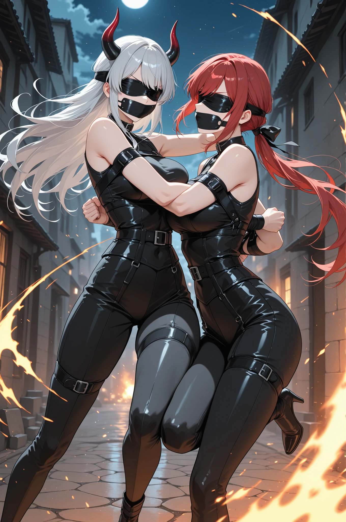 Realistic Anime oilpainting of 2 girls teens kissing in the sadomasochistic room, dynamic angle, different hairstyles and hairs colors, the girl of the right is blonde in latex bikini with zippers leather color black blindfold,and the girl of the left is redhead with a whip in her hand sexy leather bikini black with zippers, really different hairstyleasterpiece) so many details