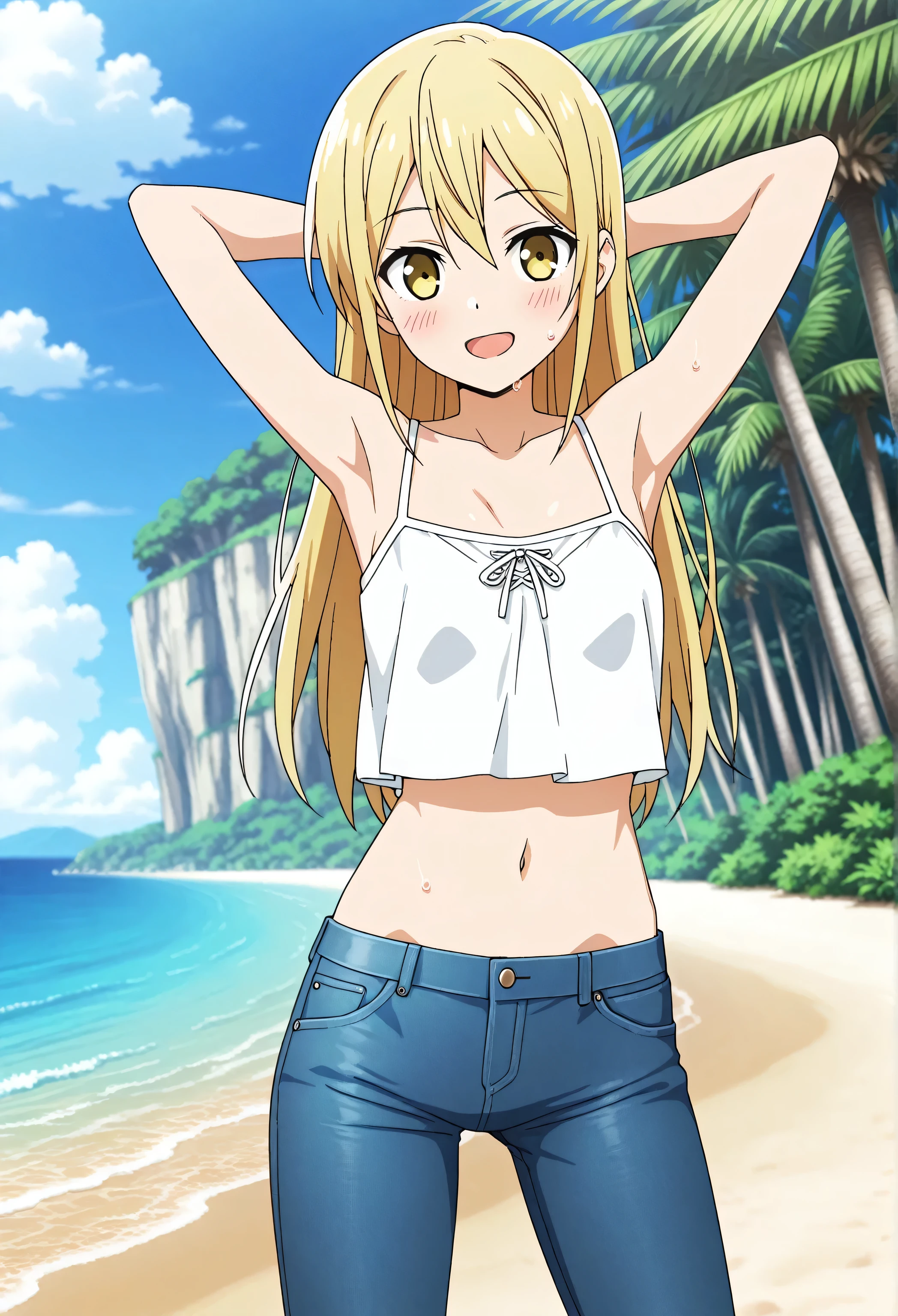 ((best quality)), ((masterpiece)), (detailed), perfect face, tanned skin anime girl in a deep V-neck tied top (bare shoulders), (jean shorts), pressing her belly with her hands, starving, (hands on her stomach), (flat stomach), skinny girl