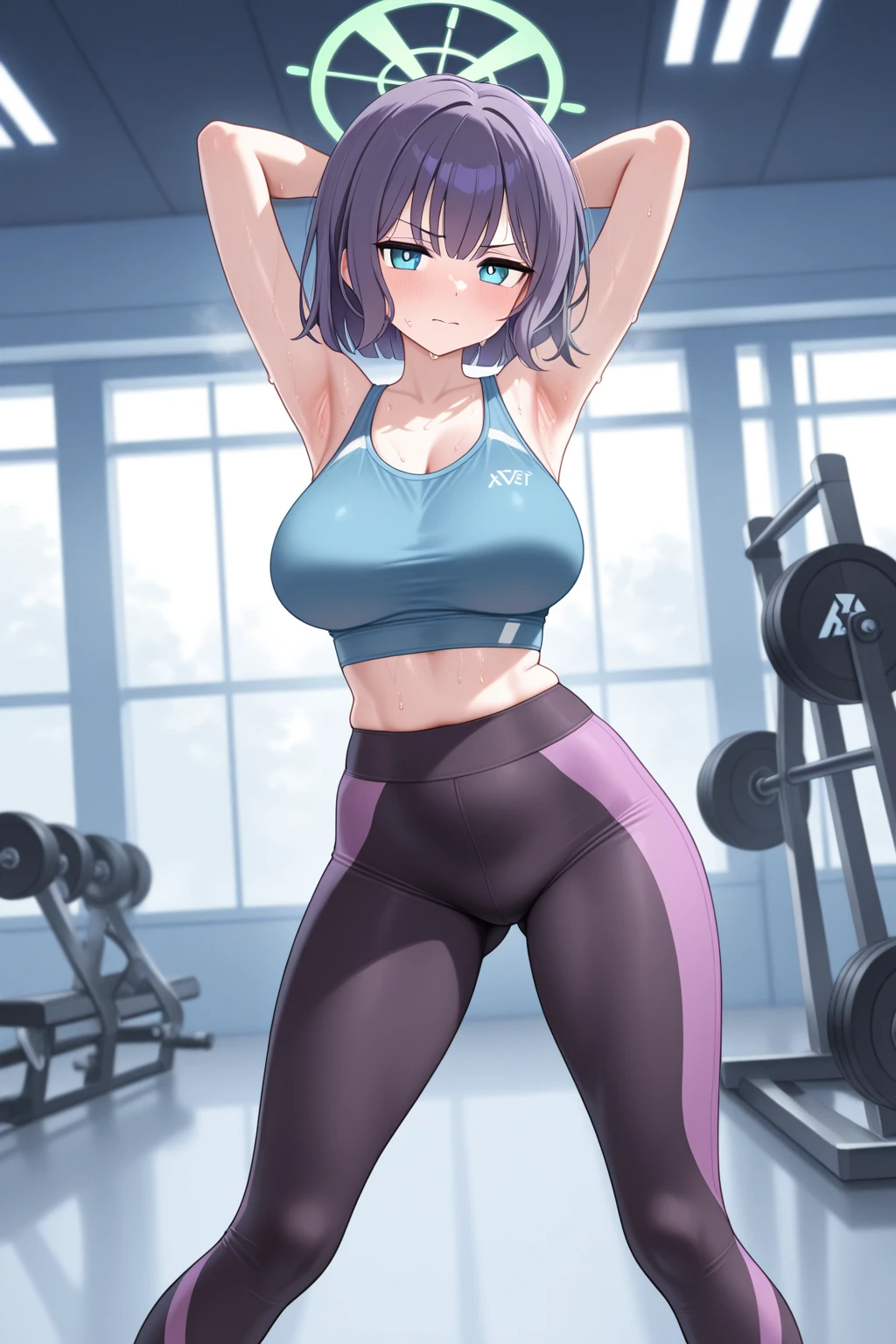score_9, score_8_up, source_anime, 1girl, solo, ShiroganeNoel, medium hair, braid, black sports bra, sweaty clothes, yoga pants, groin, sweat, wiping sweat, holding towel, gym, indoors, <lora:ChamShiroganeNoelPonyXL:1>