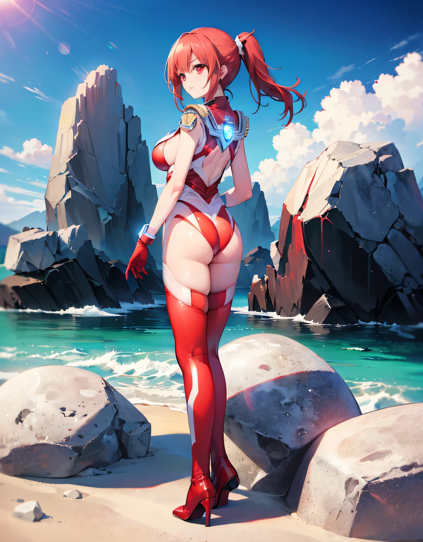 Giantess appears from underwater in front of a giant cruise ship, the cruise ship looks very small in front of her because it is giant, she is naked, she has red hair and white skin, she has small breasts but very sexy legs and her body is very curvy. Goddess, Attack, giant, cruise ship, full naked, sexy, hot, ocean, in middle of the ocean, without buildings, High quality, Red hair, hottest, tall girl, sexy legs, monster girl, cruise ship, giant cruise, attacking, evil, mad, without clothes, hentai, xxx
