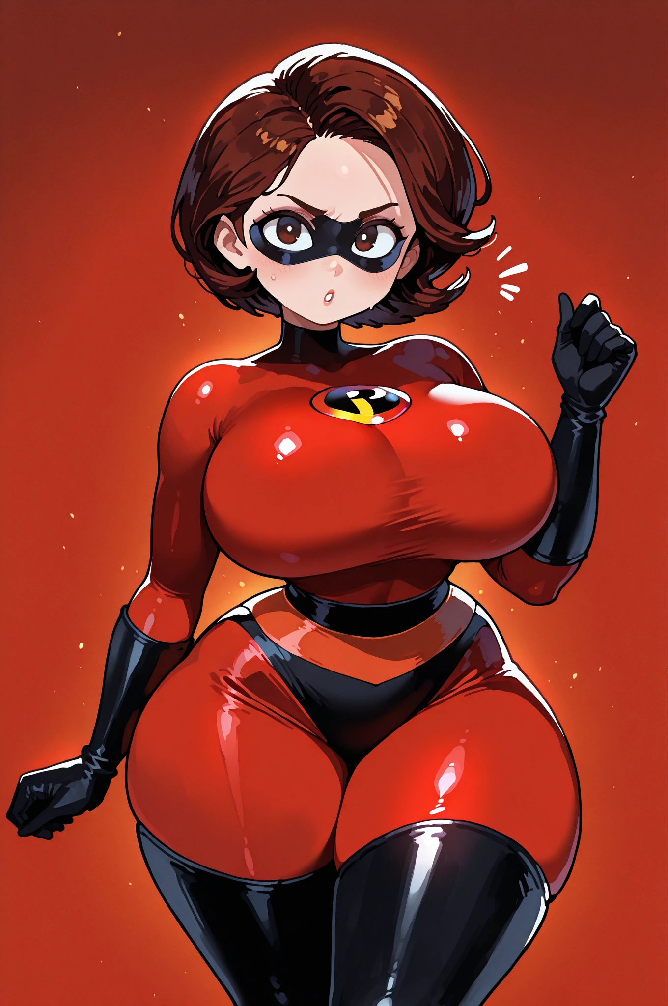 helenparr, domino mask, mask, bodysuit, elbow gloves, thighhighs, thigh boots, 1girl, breasts, large breasts, thick thighs, wide hips, mature female, hourglass figure,