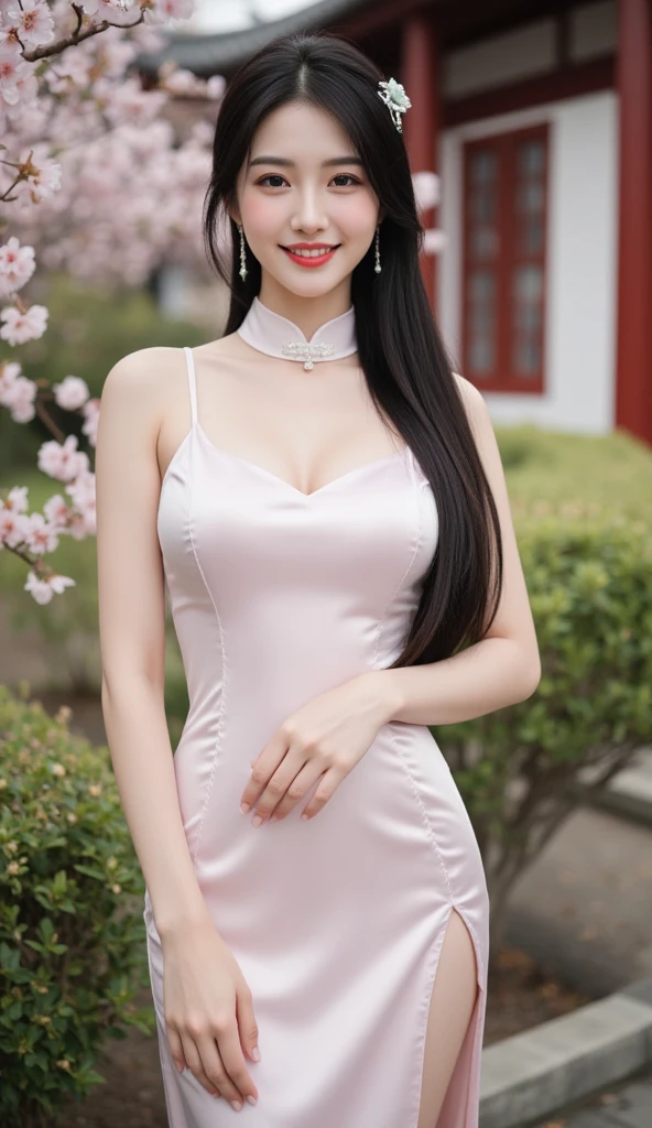 Tzuyu 1, woman, (Realistic), (Hyperrealism), (photoRealistic), Written boundary depth, eye make up:0.7 (whole body:1.8), (Large Bust),(Tight waist), Observe the audience,At the flower garden, Fashion Model, A sexy dress with open shoulders and neckline
