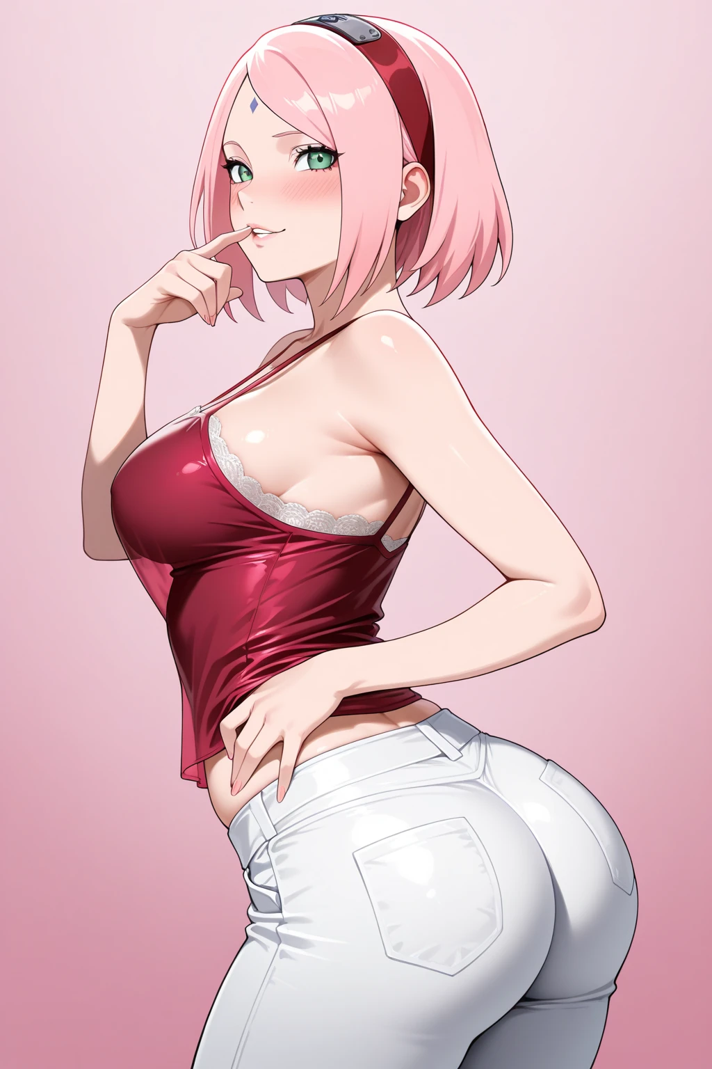 masterpiece, best quality,sharpness,absurdres ,1girl, sakura haruno,forehead mark, red hairband,(white tanktop:1.4),micro ripped denim shorts, bracelet, looking at viewer, smile,, middle large breasts,laying on the floor,on a wooden floor,closeup,only upperbody,shirt lift and pants pull concept,(lift shirt:1.1),naked, pussy, pussy showline pussy, nipples, no underwear, naked pussy, pants open, line pussy show, line pussy, line pussy