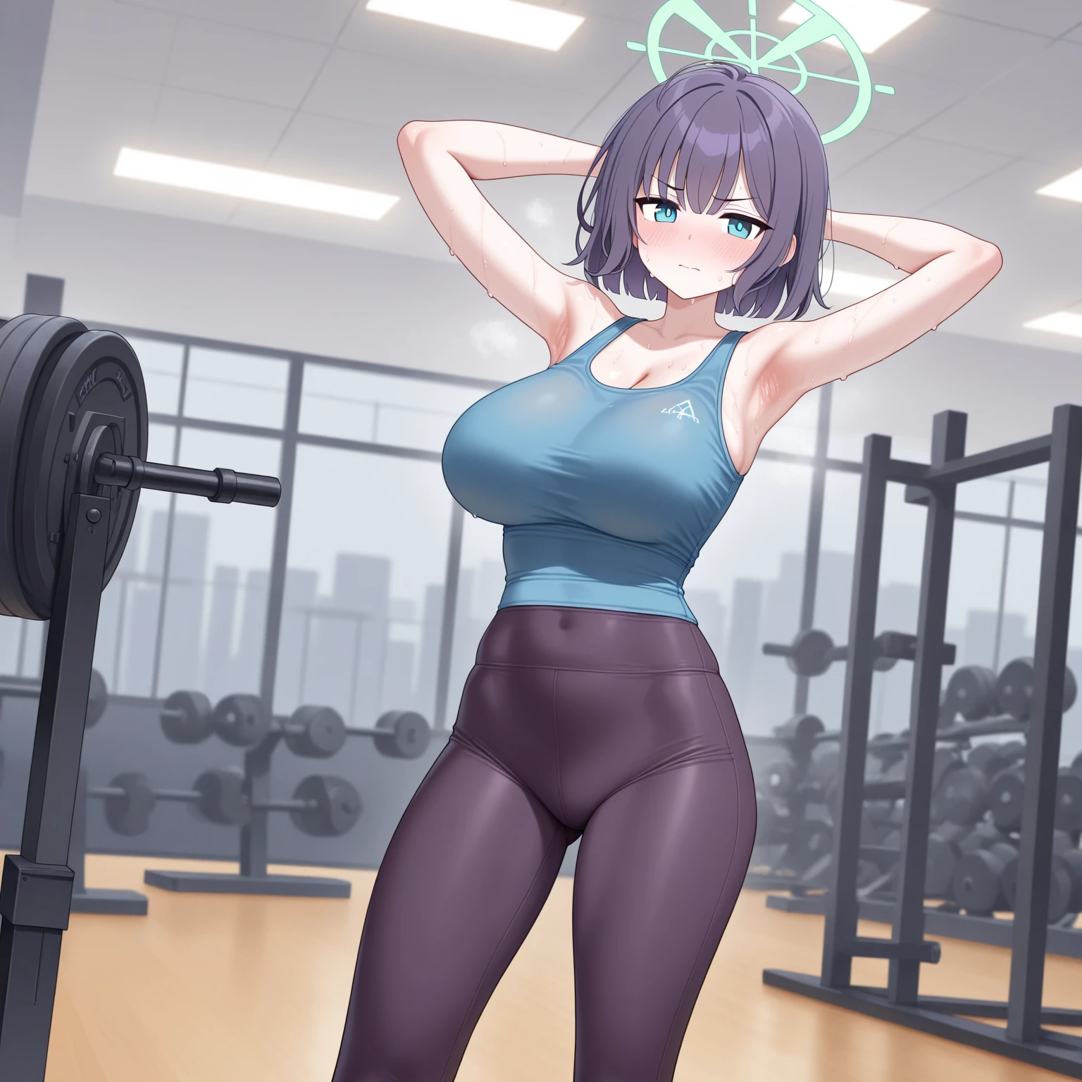 1 girl,face,Solo focus,gym_uniform,White,White shirt,masterpiece, best quality, very aesthetic, absurdres,breasts,tight skin,(impossible shirt),(impossible),buruma,Blur