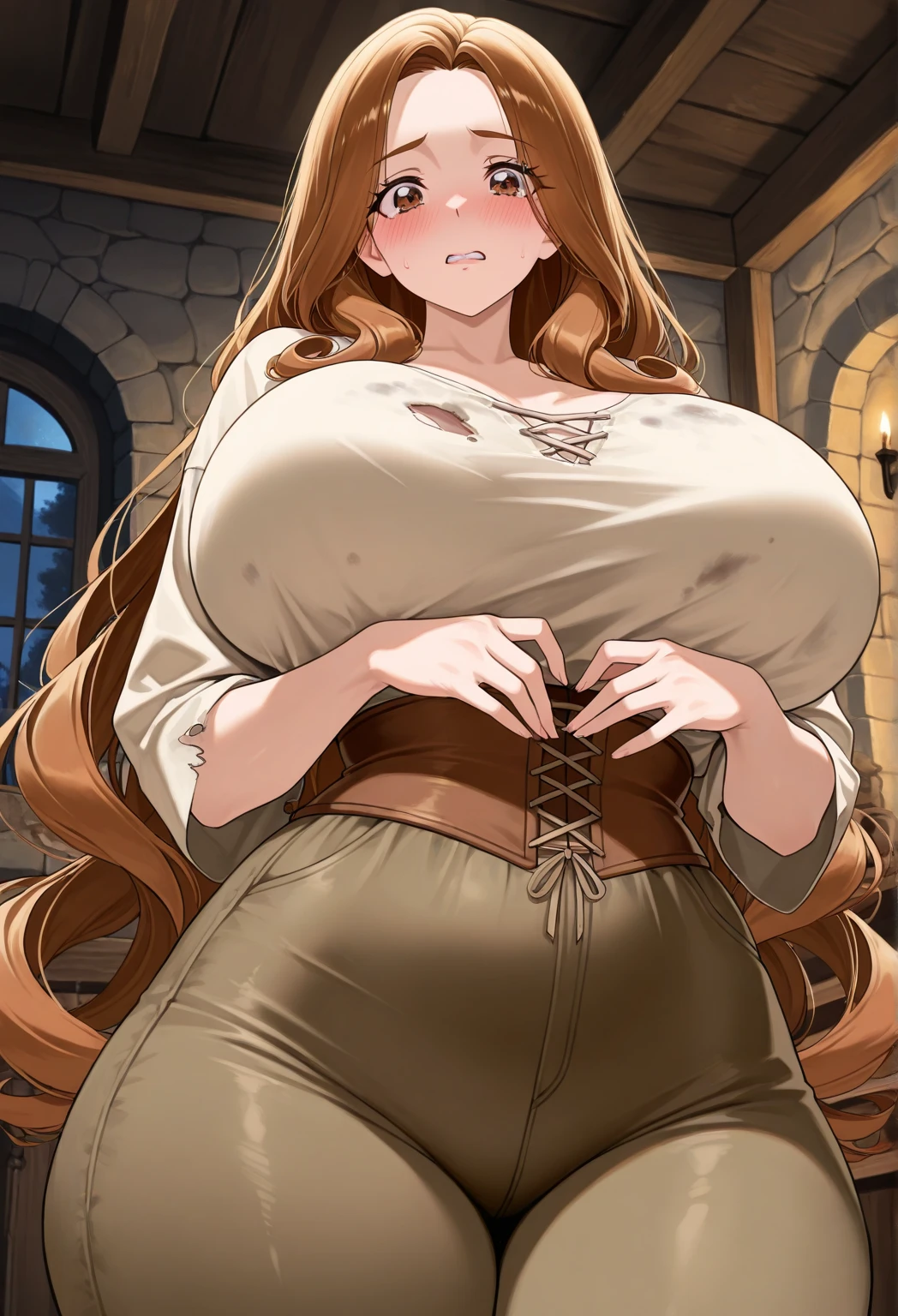 ((Masterpiece, best quality, perfect lighting, amazing shading)), perfect anatomy, field of depth, extremely beautiful, long blonde hair, hair ribbons, blue eyes, ribbed sweater, pantyhose, cute smile, ((plump)), [belt], blushing, (cowboy shot), (elegant pose), simple background