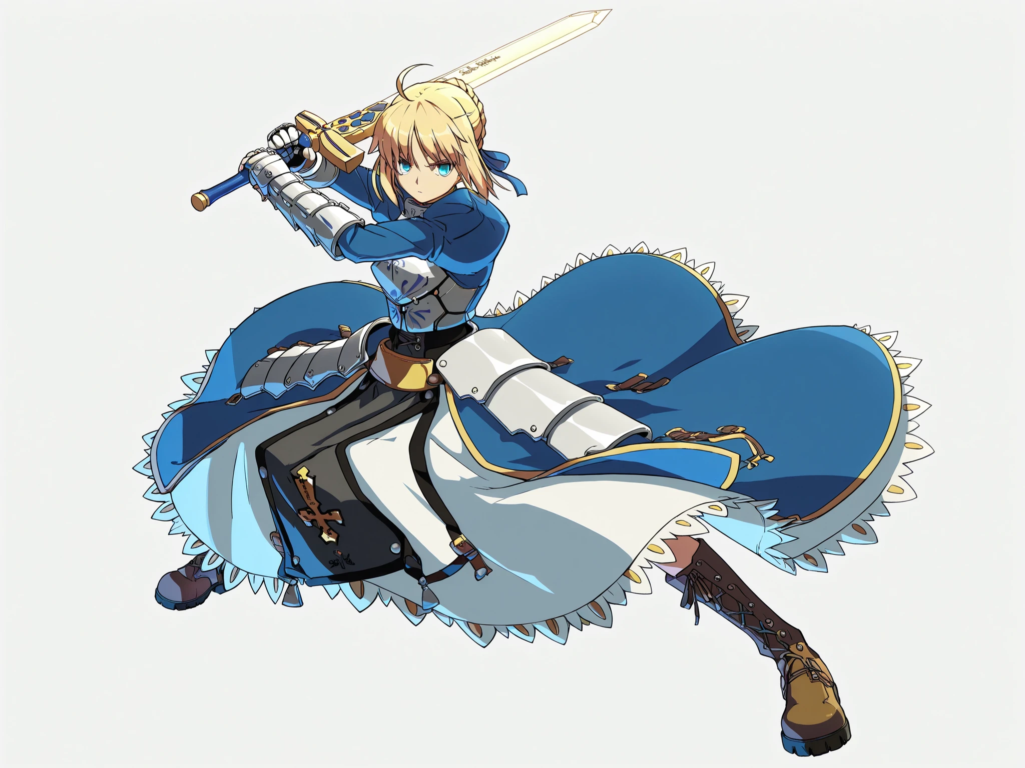 White background, high quality image, source_anime, Fate Stay Night, Saber, 1girl, meduim breasts, lithe body, blue eyes, neutral expression, blonde hair, knight dress, armor, gauntlets, combat boots, holding excalibur, stance, Guilty Gear design