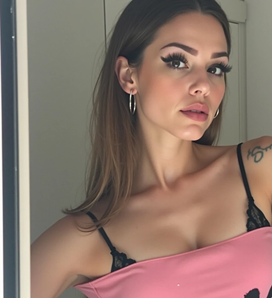 Beautiful brunette with blonde highlights, (22 years, innocent face, natural wavy hair, blue eyes), wearing pink leggings and a pink bra top, with legs open, sitting on a yoga mat, light environment, ultra high resolution, (photorealistic: 1.4), high resolution , (finely detailed skin), (Blue eyes), (perfect proportions) (realistic photos) (Masterpiece) (photorealistic), ultrarealistic (Best Quality) (detailed) photographed with a Canon EOS R5, 50mm lens, F/2.8, (8k) (wallpaper) (cinematic lighting) (dramatic lighting) (Complex) fashion
