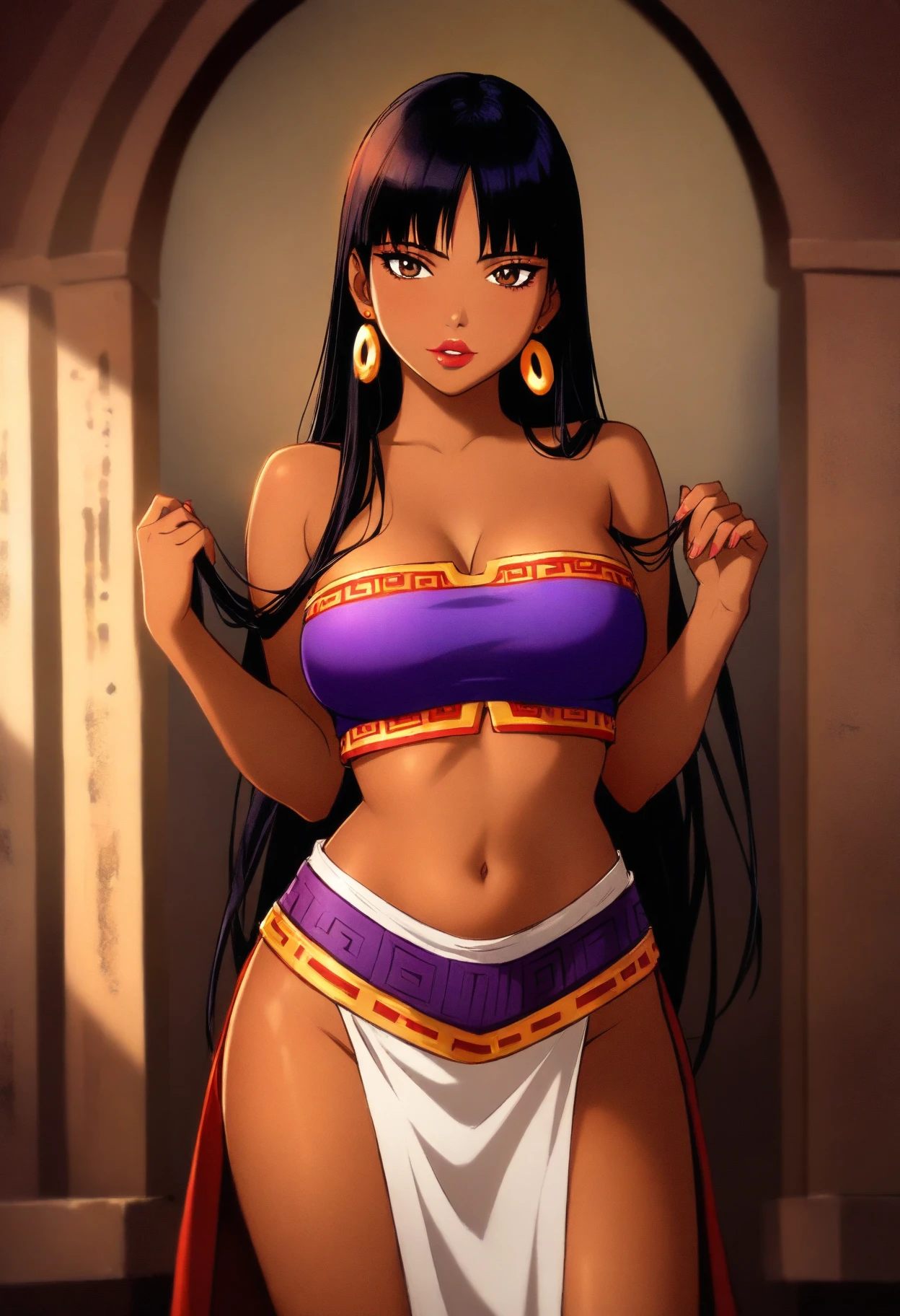 best quality, high resolution, (huge breasts:1.2), stage, dark skin, dqManya, bangs, circlet, earrings, choker, bracelet, armlet, bikini, loincloth, seductive smile, squatting, spread legs