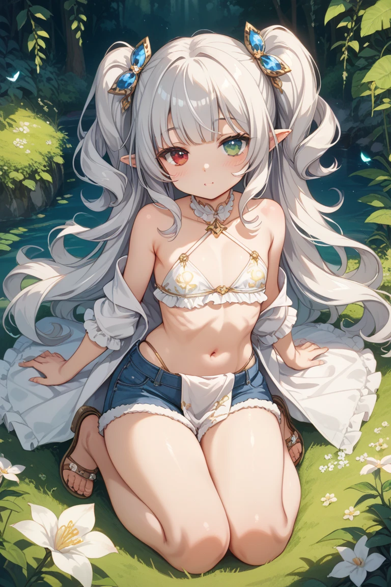 Best Quality, top-quality、(cute petit girl:1.3),Beautiful pink eyes、flat chest、Lori、(Cuteness beyond limits)、Shining thighs、((Cute smile))、tied up with a collar、Camisole-wearing、Show your belly button、Cute white panties