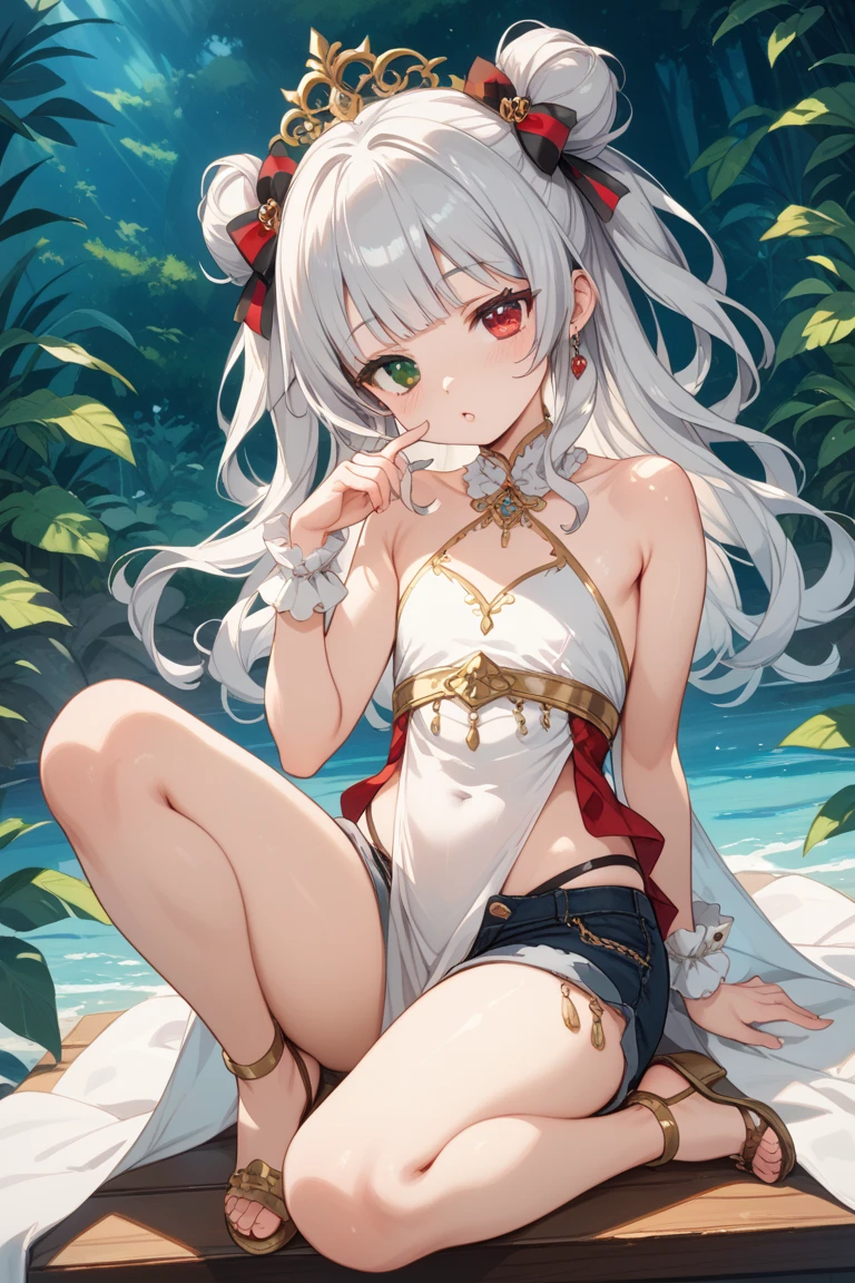 (masterpiece, best quality), 1girl, <lora:z46swimX:0.8> z46swim, 1girl, solo, small breasts, long hair, silver hair, hair ornament, cross necklace, yellow eyes, mole under eye, mole, one-piece swimsuit, white bathrobe, blue swimsuit, anklet, blue ribbon, leg tattoo, covered navel, straw hat, detached sleeves, expressionless,
