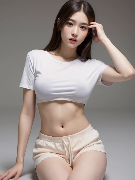 close-up of beautiful South Korean, Jang Eunbi is a South Korean video creator and model, age 24 years old girl, youthful face, white skin body, perfect body, very classic long hair, standard black hair, her hair is very straight and smooth, 38 inches breasts size, wearing a plain standard bright white strapless tube top, wearing a tight plain standard deep black seamless spandex boyshort pant short leggings, Eunbi holding breasts with her own two hands is very sexy and sigh, Eunbi squeezes the breasts very seductively, Eunbi lowered her tube top a little bit, sexy looking pose, pose a naughty look, pose looks seductive, at the boyfriend room, boyfriend room background, UHD