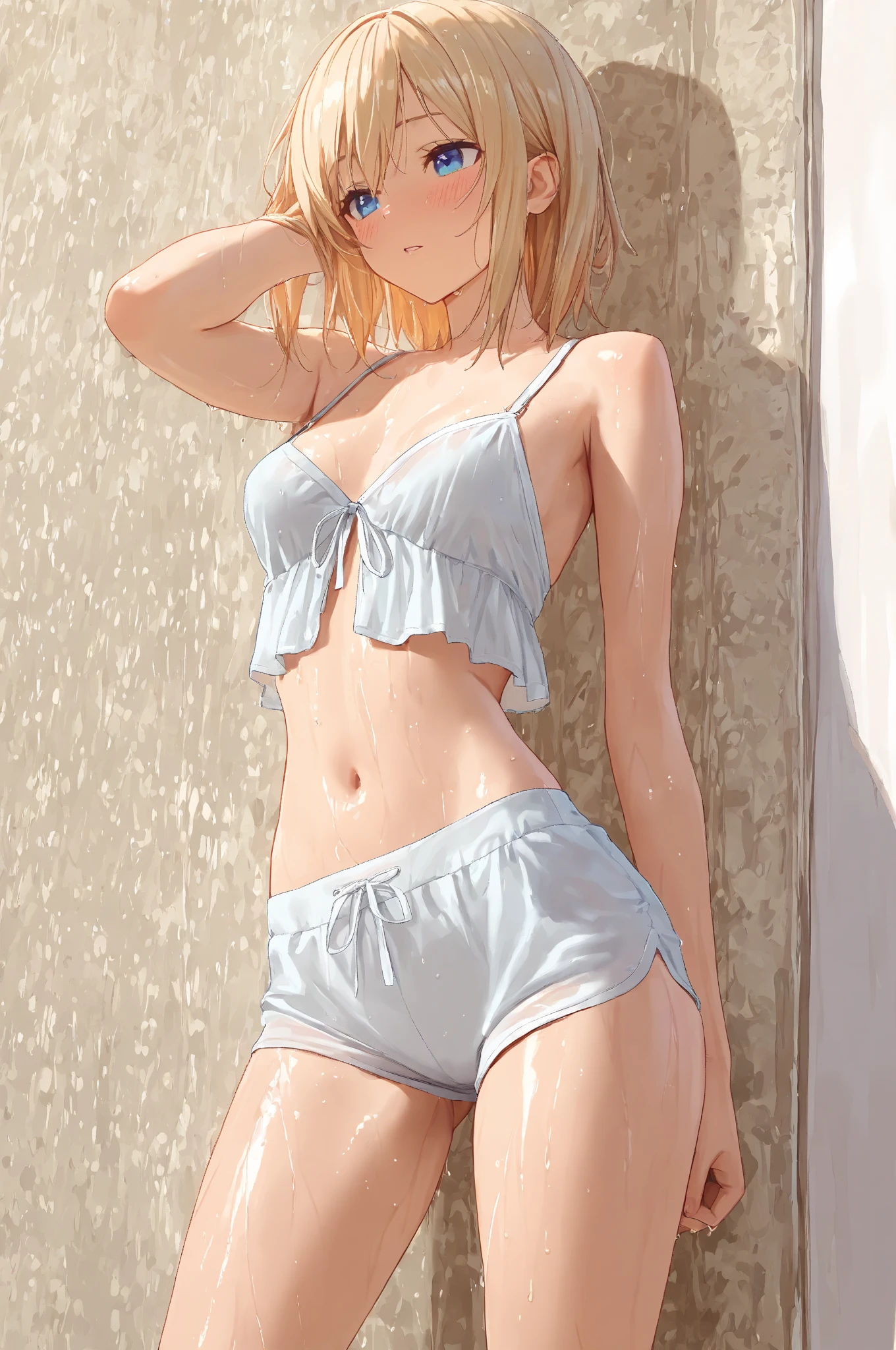 (masterpiece:1.2, best quality), 1girl, smirk, slim, slender, blue eyes, sharp eyes, (small_breasts:1.5), leaning forward, facing viewer, see-through dress, strappy sandals, oversized sunglasses, simple hoop earrings, shell necklace, areola slip, down blouse, embarrassed, (short wavy blonde hair):1.4, ^ ^, nature, yoga studios, serene spaces, small erect nipple areola shape and color clearly visible:1.5), (face light, dynamic lighting, Professional lighting, cinematic lighting:1.1), White clothes, Knee socks, Semi-undressing, Wet clothes, thin skin clothes, Clothing visible at the tip of the flat chest, Sweat, The tip protrudes from the clothes, (Small chest 1.5), Embarrassed, Very cute, Young face, 13 year old girl, Ultra-small bikini, cleanness, Open, Vaginal Opening Visible, vaginal launch, Minola,