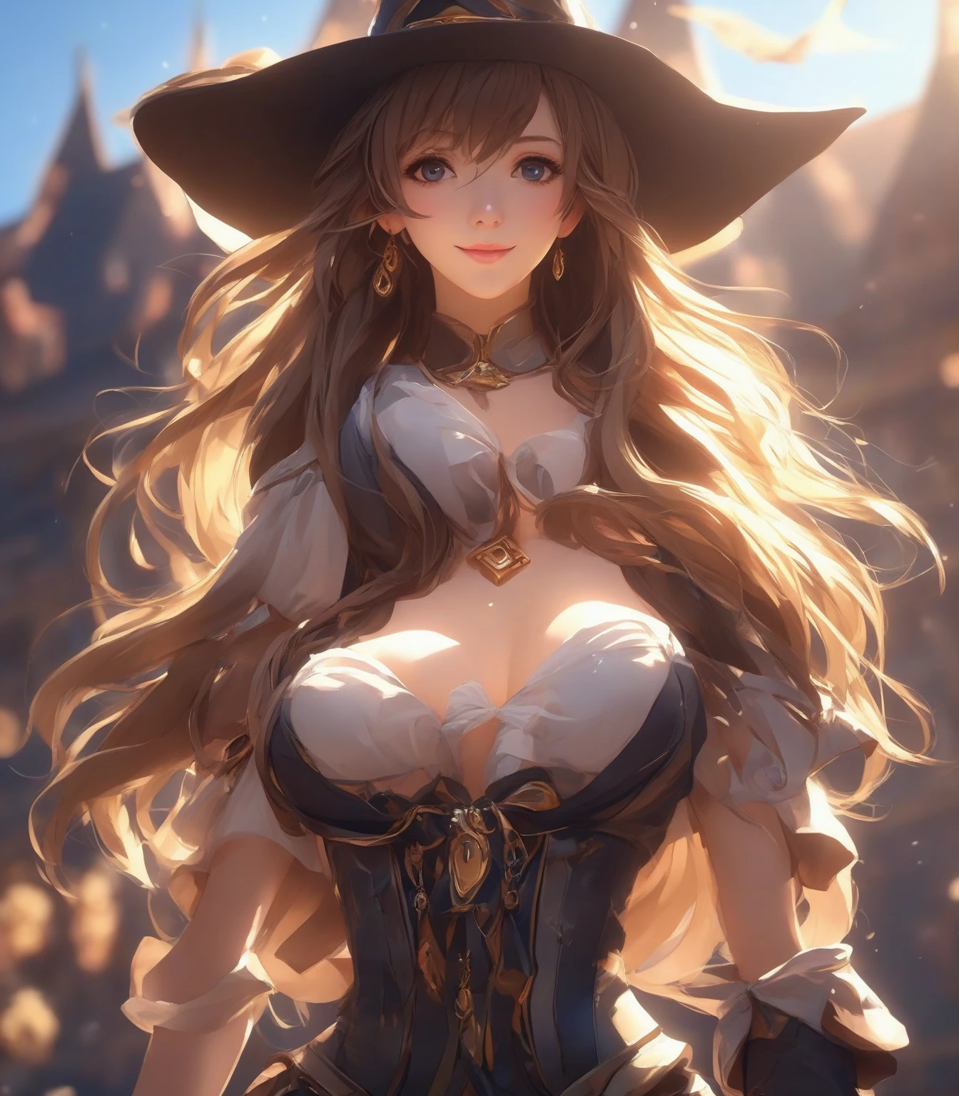 (Masterpiece, Best quality:1.2), Cowboy shot, Solo, 1girll, redheadwear,Thick thighs,Wide buttocks,gigantic ass, Smile, Closed mouth, view the viewer, Strapless dress, Corset, Layered skirt, black over-the-knee socks, Bare shoulders, cosmic space, Star \(sky\)