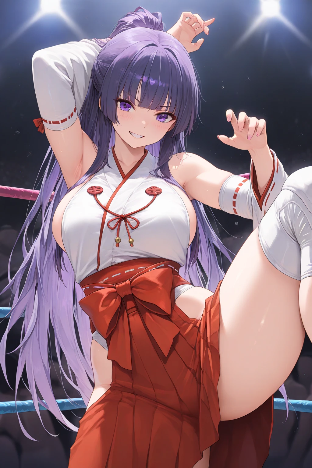 Ultra-high resolution, 1 Girl, 18-year-old, (Idols:1.4), (((Sakura Hagiwara:1.4))), (Beautiful detailed face:1),(Beautiful detailed face:1), , ((Best Quality)), Cinematic Light, ,Mood lighting, (((Perfect Anatomy:1.10))), (Finely detailed face:1.2), (Representative works:1.5), (Best Quality:1.2), looking at another, Lipstick, V Line Jaw, ((Prevents clothing from digging into the skin)), (((Sexual expressions:1.4))), ((Blushing:1.2)), (((Suffering expression:1.5))), ((Heavy breathing:1.3)), (The background is blurred), Glossy texture, Strong winds:1.3, (((Very long dark blue hair:1.4))), (Perfect Face:1.4), ((Shiny skin:1.2)), (very smooth skin), (((Excessive sweating all over the body:1.4))), (((Sweaty skin:1.3))), White Skin, Slender, Narrow nose, (Narrow waist:1), ((((Tired look:1.3)))), (Half-open mouth:1.3), (Saliva:1.1), (Medium size breasts:1.4), There is cleavage in the chest, Bangs, Light makeup, Small Ass, ((Pro Wrestling Match Venues:1.3)), ((Inside the professional wrestling ring:1.3)), ((Sexy wrestling costume design:1.3)), (Pure white wrestling costume:1.3), ((Intricately designed white wrestling costume with pink lines:1.3)), (Patent leather long wrestling boots), Thimble Skin Gloves, ((Face up:1.3)), (((Lie on your back:1.3))), (Spread your legs), (((Top view))), ((((High angle)))), ((((Does not depict genitalia)))),