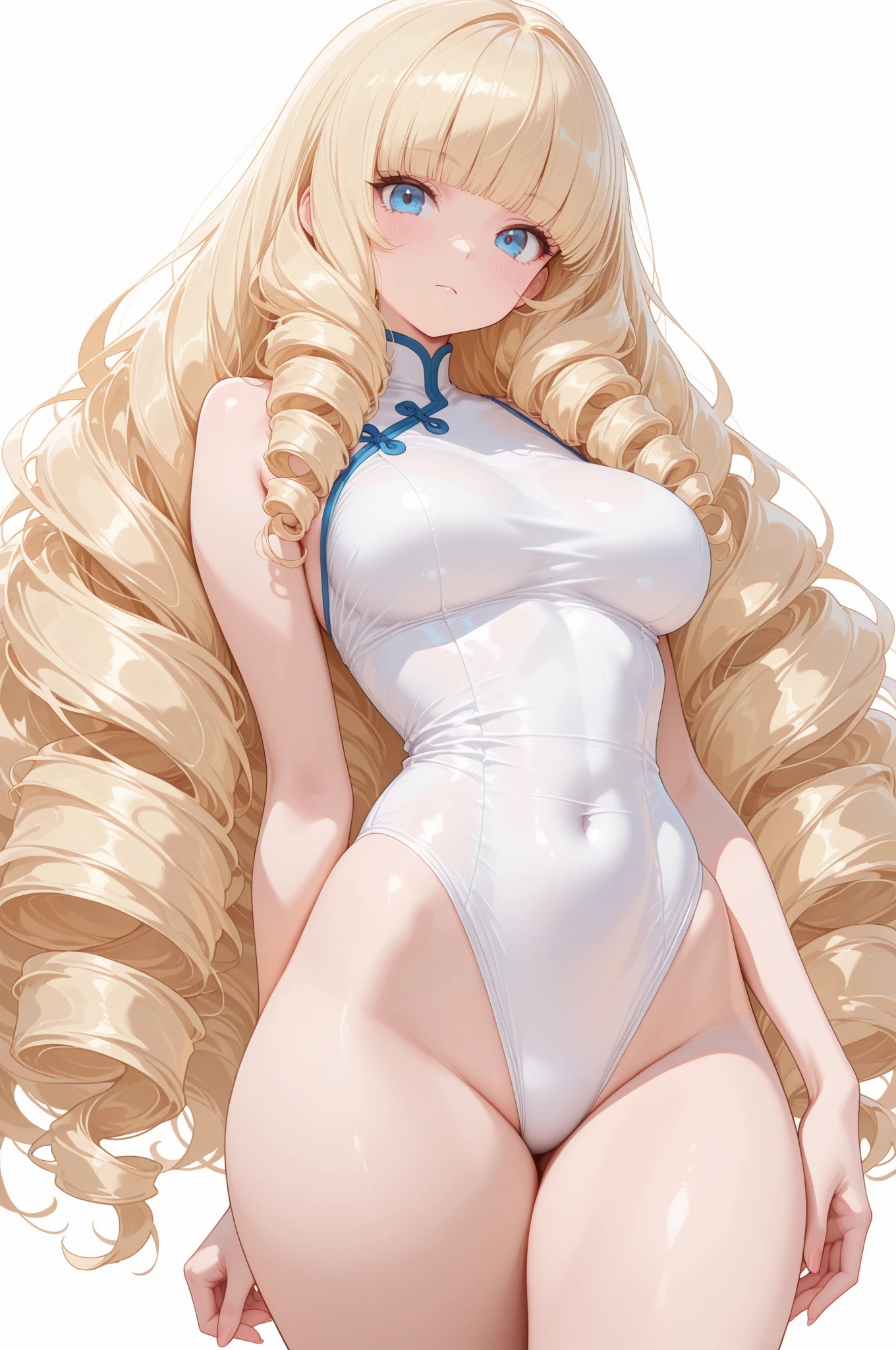 One girl, medium long hair, blonde, blue eyes, youthful appearance, slightly large breasts, (slightly large breasts: 1.4), V-front micro plunge swimsuit, (White V-front micro plunge swimsuit),
