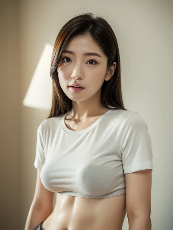 Jessica Henwick, white t-shirt, blue short jeans, beautiful detailed eyes, beautiful detailed lips, extremely detailed eyes and face, long eyelashes, realistic, photorealistic, photo-realistic:1.37, 4k, ultra-detailed, (best quality, highres, masterpiece:1.2), studio lighting, vivid colors, bokeh, portrait