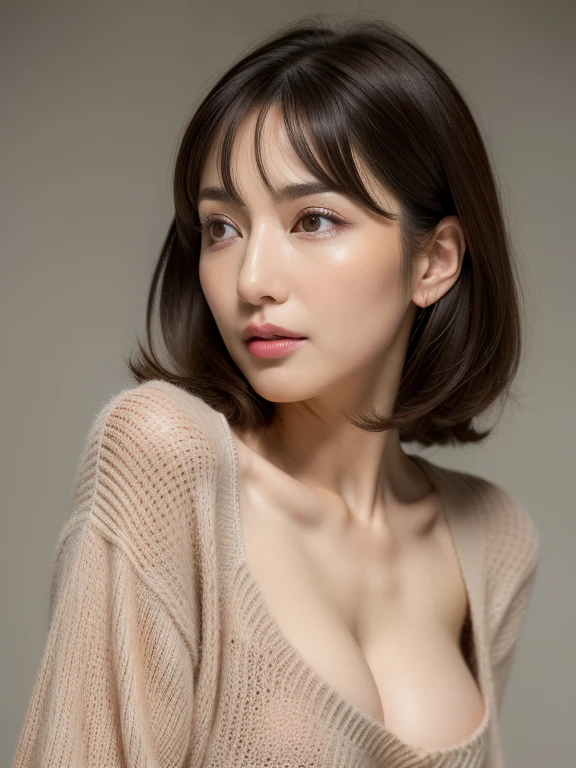 (Best quality, 8k, 32k, Masterpiece, UHD:1.2),Photo of Pretty Japanese woman, large breasts, very short bob hair,upper body,face focus,oversized_sweater, necklace, simple background, from above, looking at viewer,