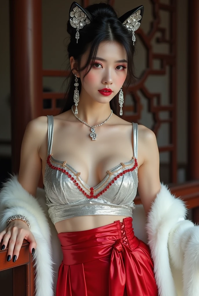 4K, UHD, masterpiece, solo girl, good face, detailed eyes, detailed lips, very long hair, straight hair, very long hair, beautiful hair, hair ornaments, hairband, sexy bun with ponytail hair, ((White-black-RED glittering bridal lingerie and skirt)), (photorealistic:1.5), (Realistic big breasts:1.35), (Slender six pack abs), (smile), ((NSFW:0)), ((busty Cleavage)), ((( enchanting body, devilish body, red lipstick, stockings, Chinese bridal chamber, bold dress, Lying, d-cup, breast focus, closeup))) ((bare stomach)), sardine, ornaments, necklace, earring, high lighting, depth of field, ray tracing, ultra-realistic detail