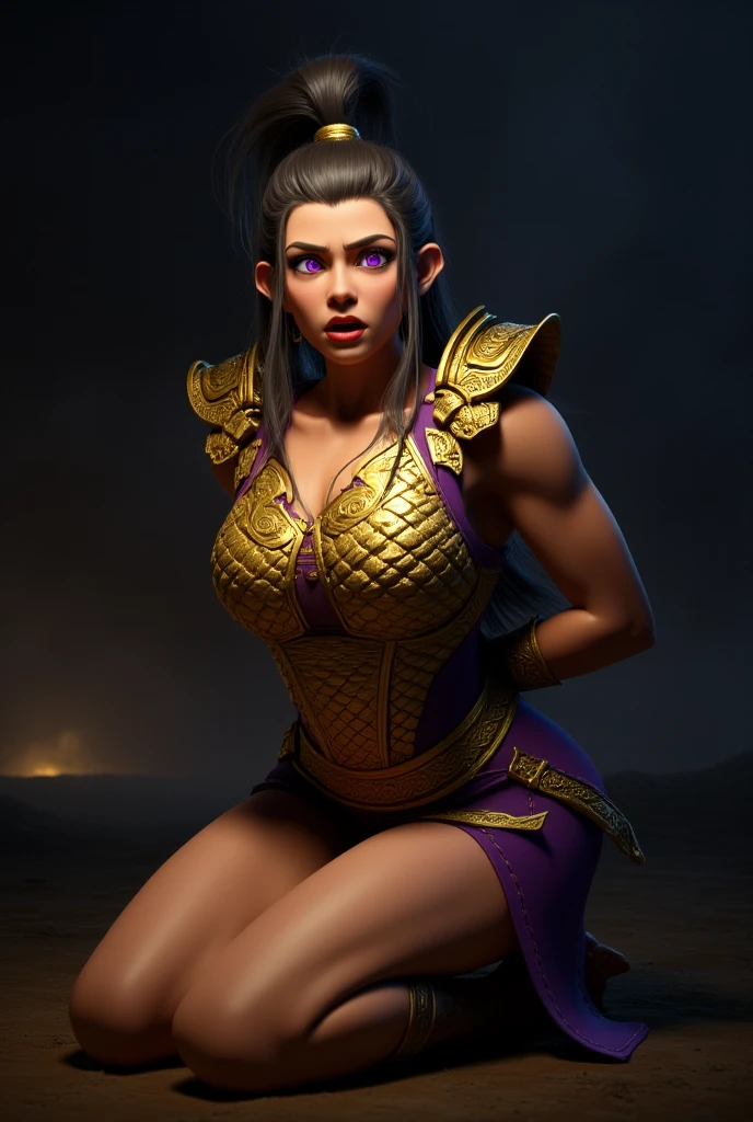 Mortal Kombat Mileena posing in victory pose in her best outfit, (melhor qualidade, 4k, Altas, master part:1.2), ultra-detalhado, Realistic:1.37, Rosto e corpo detalhados, flowing hair, confident expression, cores vibrantes, guerreiro de artes marciais, olhos ferozes, Athletic Physique, traje intrincado, intricate design patterns, foco nítido, postura poderosa, dynamic pose, Cinematic lighting, fantasy scenery, personagem de jogo de luta, belas paisagens ao fundo, atmosfera intensa, alto contraste, Shadows Dramatic, artistic composition, pintado digitalmente, arte conceitual do jogo, vibrant and energetic, iconic character, arte inspirada na cultura japonesa.