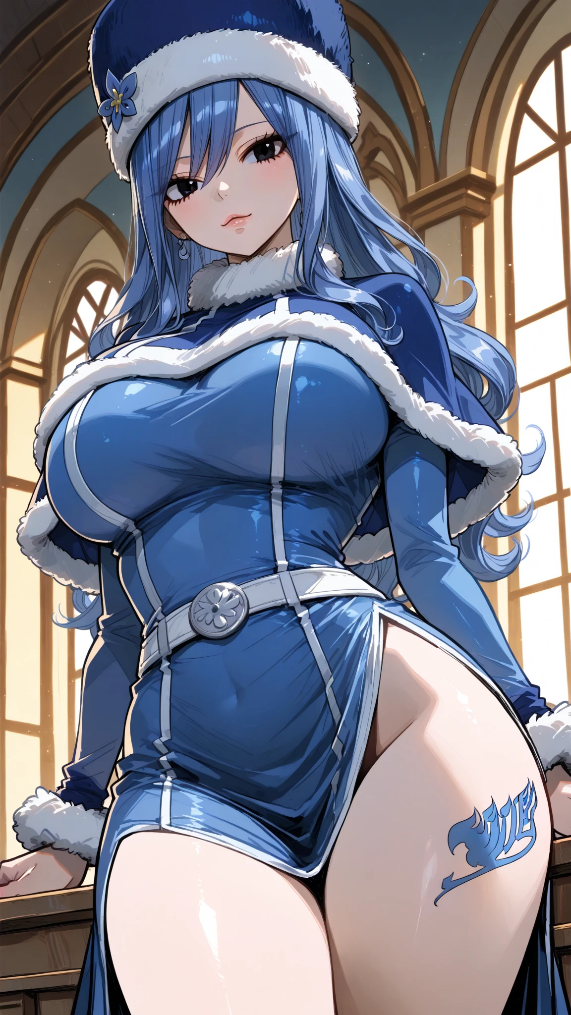 masterpiece, best quality, high resolution, Drifter, Long hair, Blue headdress, Fur trim headdress, shawl, Blue Dress, Long sleeve, belt, Side slits, Tattoo, High Leg Raise, Cowboy shooting, permanent, outdoor, Smile((Full and soft breasts,)))(((Large Breasts))) (((Cleavage)))