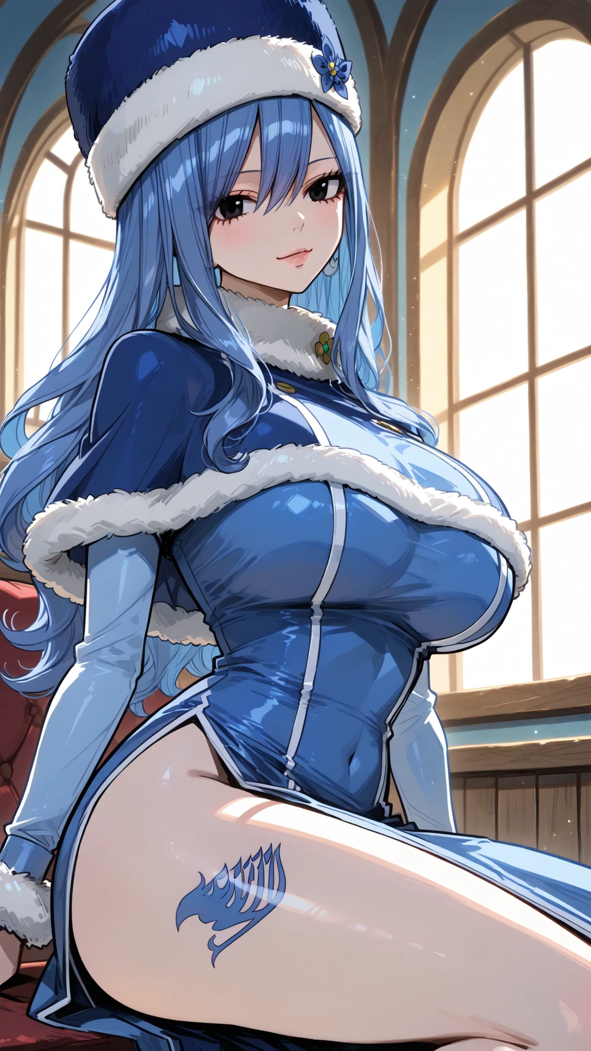 blush, smileglowing aura, natural light, masterpiece, glossy skin, juicy lips , sexy, hot, cleavage, evil,juicy lips, bimbo, ((Clair)), pokemon, hour glass, blue hair, wide eyes, blue eyes, massive , ponytail, dark lighting, long hair, pink bow, platform shoes, bow in hair, light blue hair, juicy lips, blue tights, blackcape, (((disgusted)))