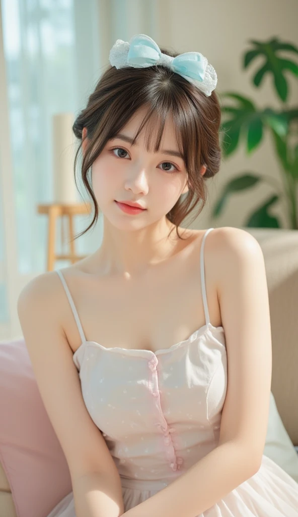 SFW: 1.4)), ((Detailed face, professional photography)) gown pink dress sitting on gaming chear haira use headpone , ruffled skirt, 1 girl)), super high resolution, (actual : 1.4), Original photo, Best quality, (Photo actual Stick), Focus, Soft light, (()), ((Japanese)), (( (Young face))), (Surface ), (depth of field), masterpiece, (actual), lady, bangs, ((1 girl)) logo hair with smile face indian princess dress 