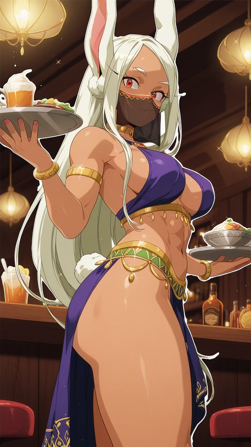 masterpiece, highlydetailed, ultra-detailed, solo, (1girl), (dark skin), yellow red eyes, short hair, grey hair, white cat tail, black cat ears, Anubis girl, small boobs, (Arabian background), (desert), (Arabian clothes), (smile), (harem pants), (tube top), (shawl), (headpiece), (jewelry), (princess), naughty, (14 y.o), short, young