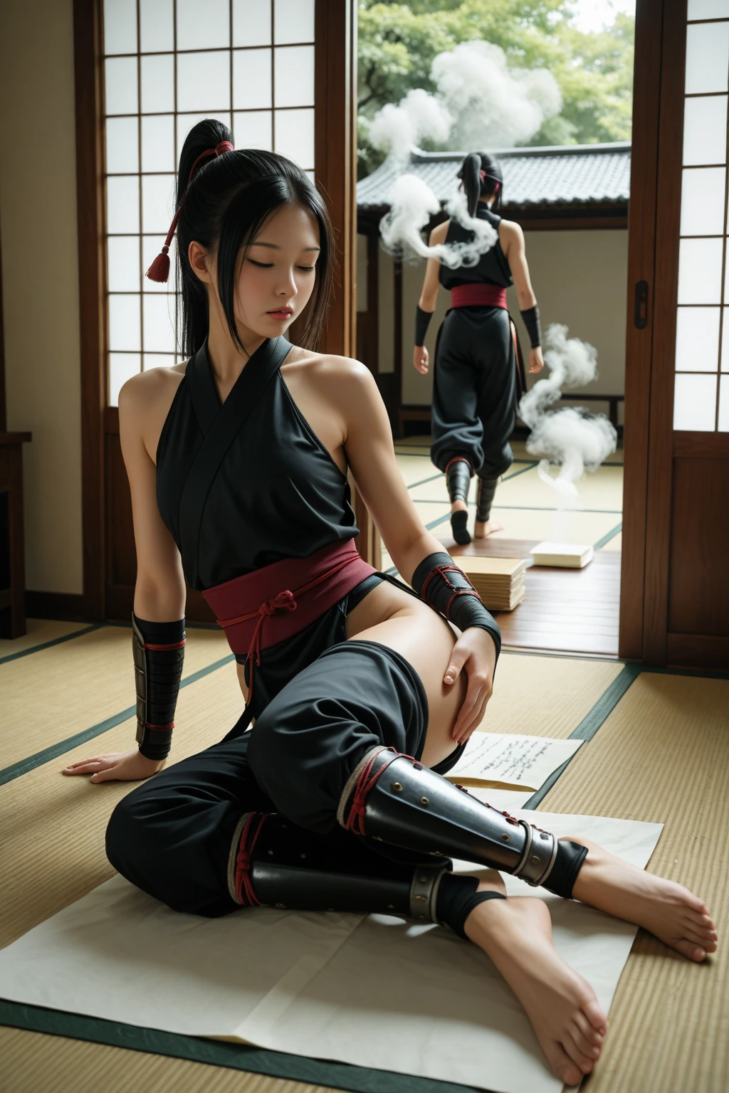 ((fashion photography)), perfect face, perfect eyes, (medium full shot) of (attractive ninja) japanese young woman, slim, black hair, hime haircut, dark brown eyes, wearing Crimson and black bodysuit with tribal markings, fingerless gloves, ninja mask, combat boots, set in ancient temple from the edo era, Tea Room, Intimate space with low tables and floor cushions, bamboo blinds filtering sunlight, a traditional kettle steaming on a charcoal brazier, delicate porcelain tea sets arranged neatly, and the aroma of freshly brewed matcha tea filling the air , smiling at the viewer, masterpiece, best quality, photorealistic, very aesthetic