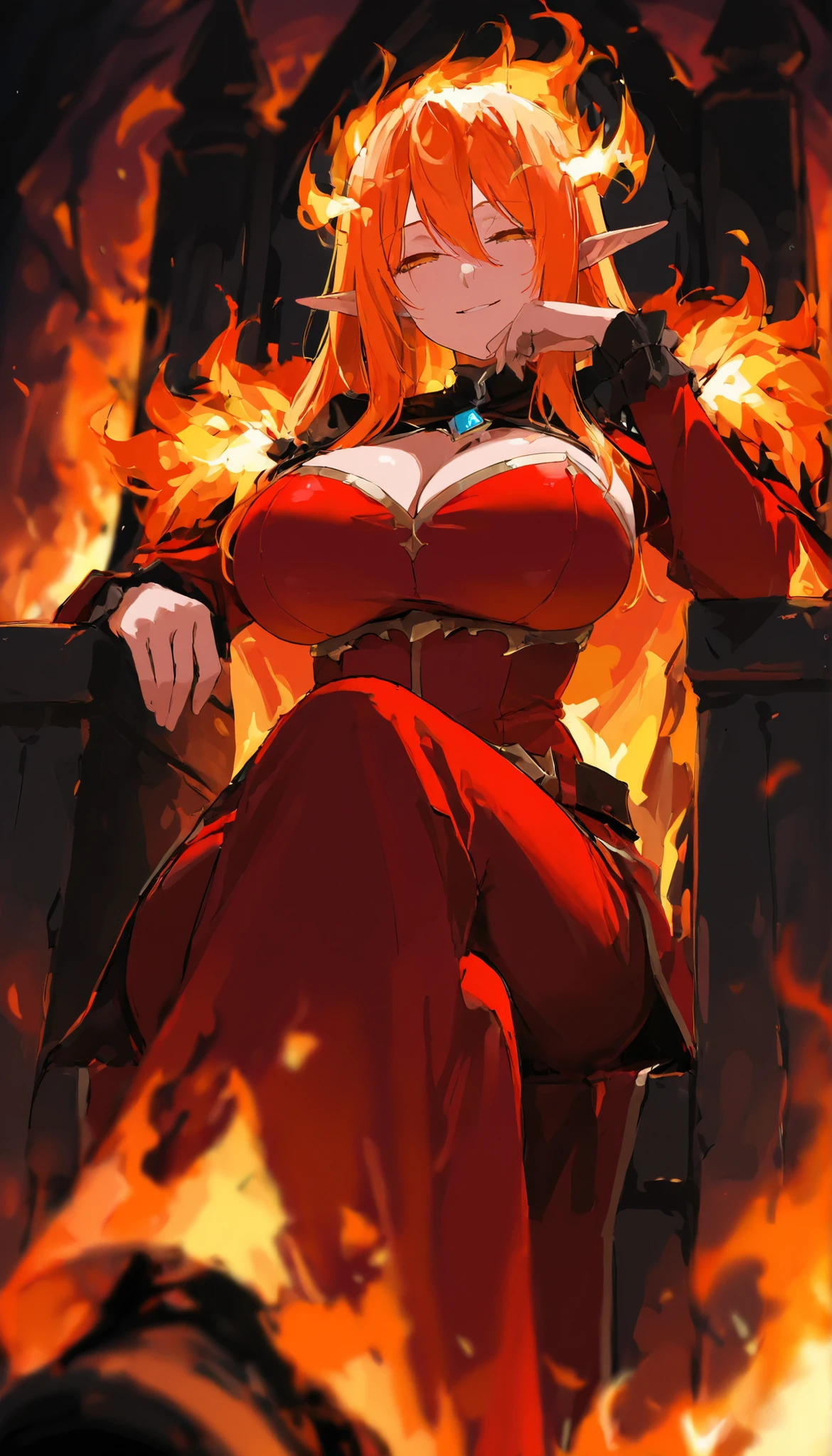 score_9, score_8_up, score_7_up, ((masterpiece)), (best quality), solo, a flame elf, Half closed eyes, burning head, hair made by burning flame, contemptuous smile, fire body, sit on the throne, style: midjourney, Two-point perspective, depth of field, devil background, big breasts, dynamic