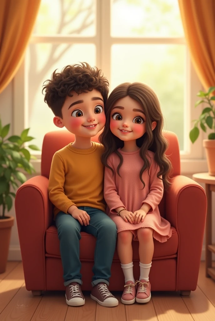 1. **Personagens:**
   - **Person on the left:** Draw a female character with straight, medium brown hair, white ethnicity,with brown eyes wearing a black jacket and a green dress. Give her a cheerful look and a friendly pose - **Person on the right:** Draw a male character with curly hair, black ethnicity, wearing a white shirt and a green tie. He may be smiling and looking at the character on the left., with their arms around each other they are sitting on a sofa in love 3d drawing, Disney type
