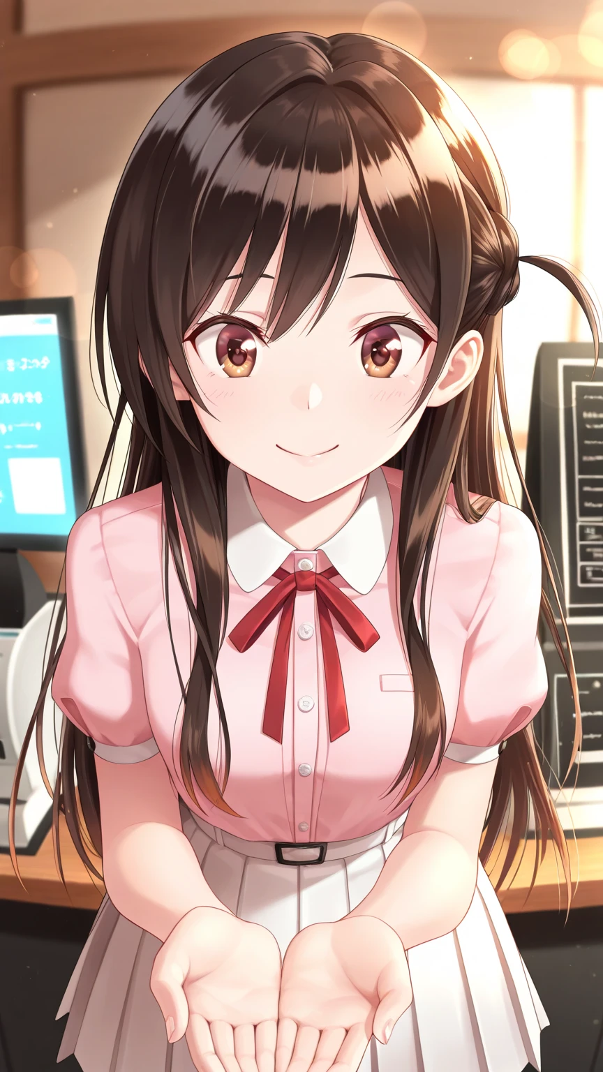 (((White wall background)))、(((8K、Best image quality)))、(((I have a laptop)))、(((Brown Hair)))、(((Long Hair)))、(((wearing a red blouse)))、(((Laughter)))、(((Teeth are visible)))、(((Are standing)))、(((I'Wearing a small watch)))、(((I have a mobile phone)))、(((Bust Shot)))、(((View smartphone)))